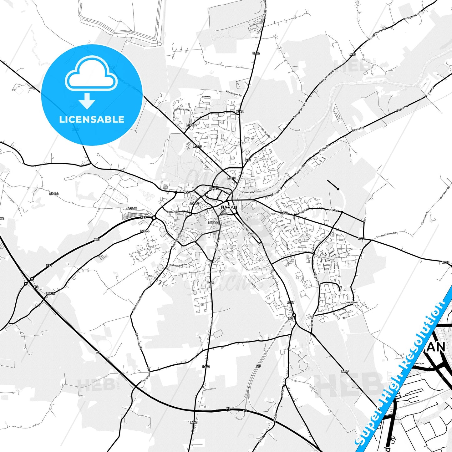Navan, Ireland Light Map with Street Names, City Names, and Districts