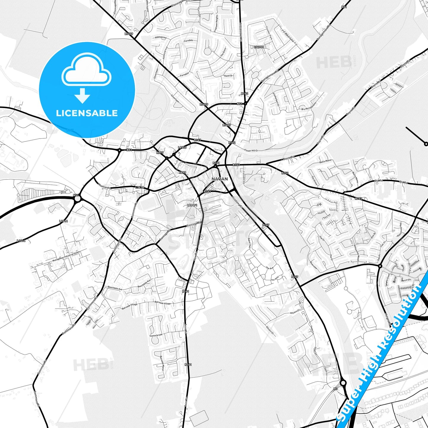Navan, Ireland Light Map with Street Names, City Names, and Districts