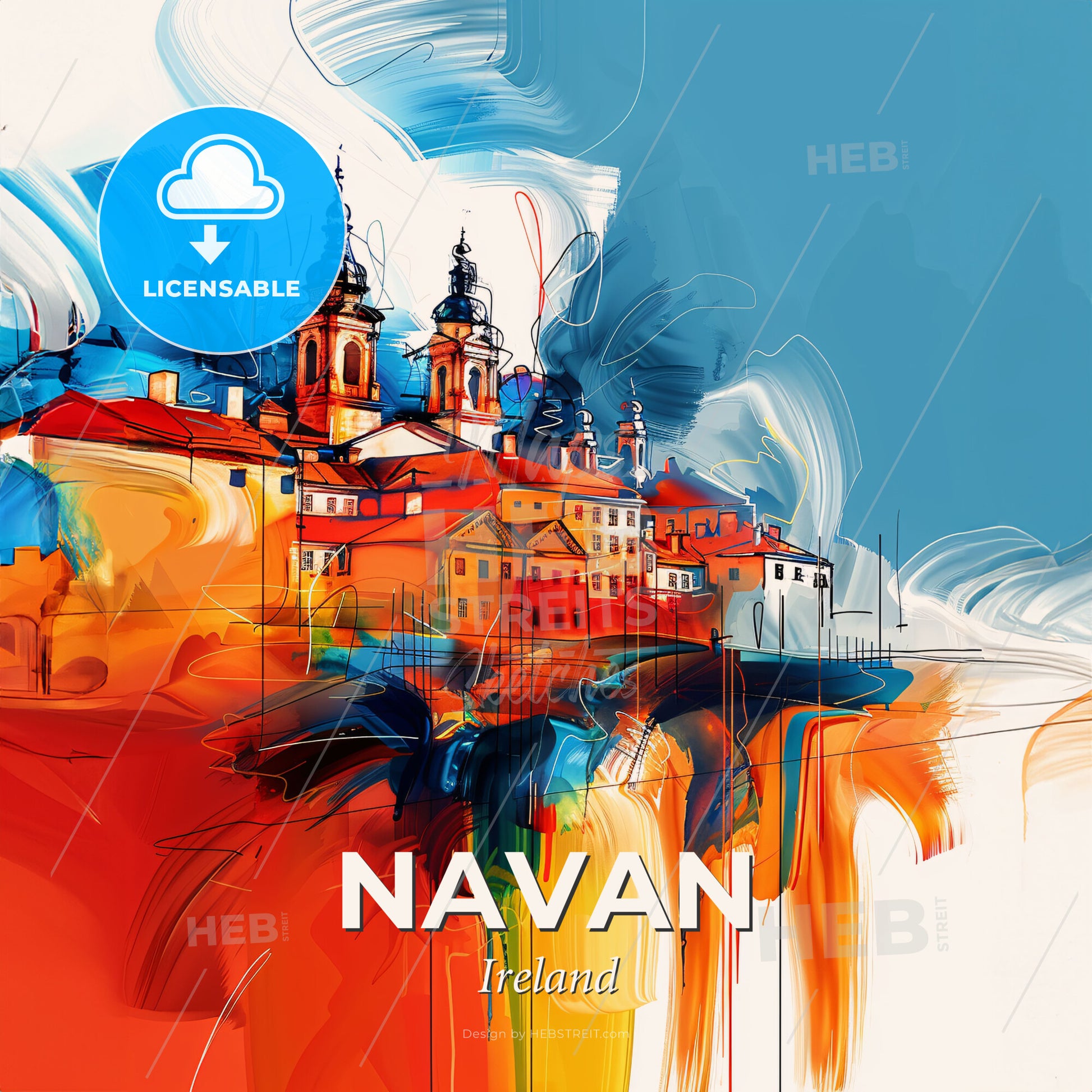 Vibrant Navan, Ireland - A Painting Of A Skyline With A Colorful Building - Square format print template