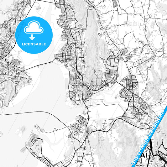 Navi Mumbai, India light map with streetnames, citynames and districts