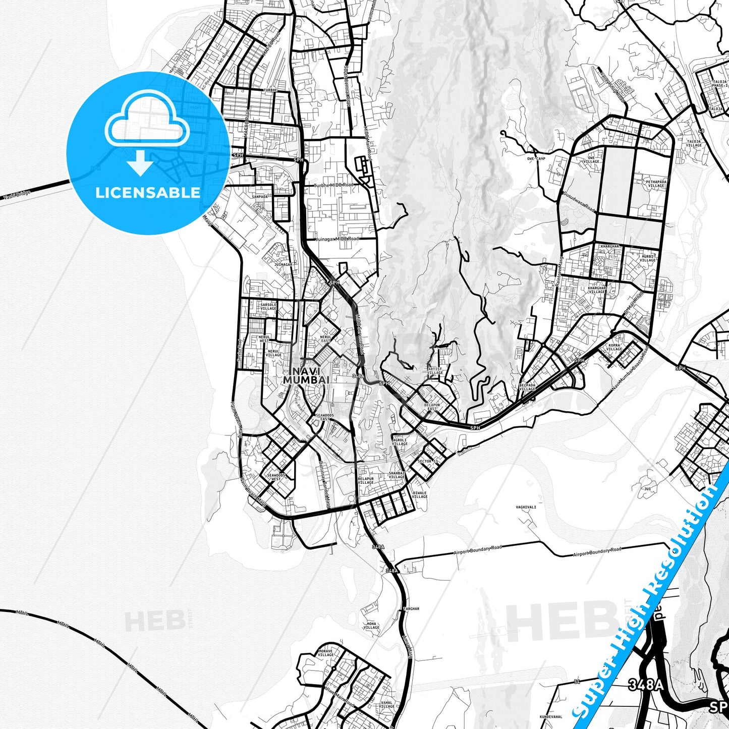 Navi Mumbai, India Light Map with Street Names, City Names, and Districts