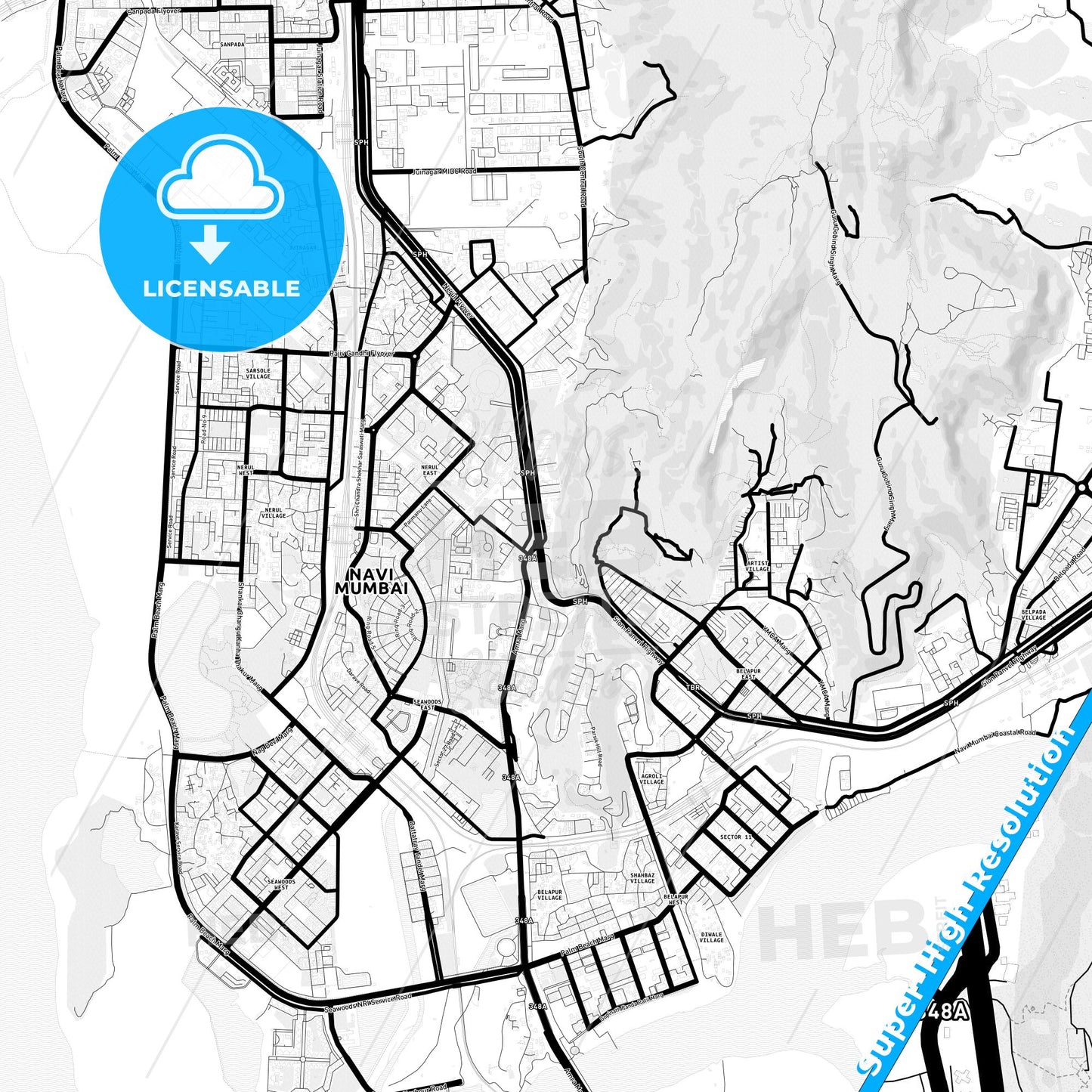 Navi Mumbai, India Light Map with Street Names, City Names, and Districts