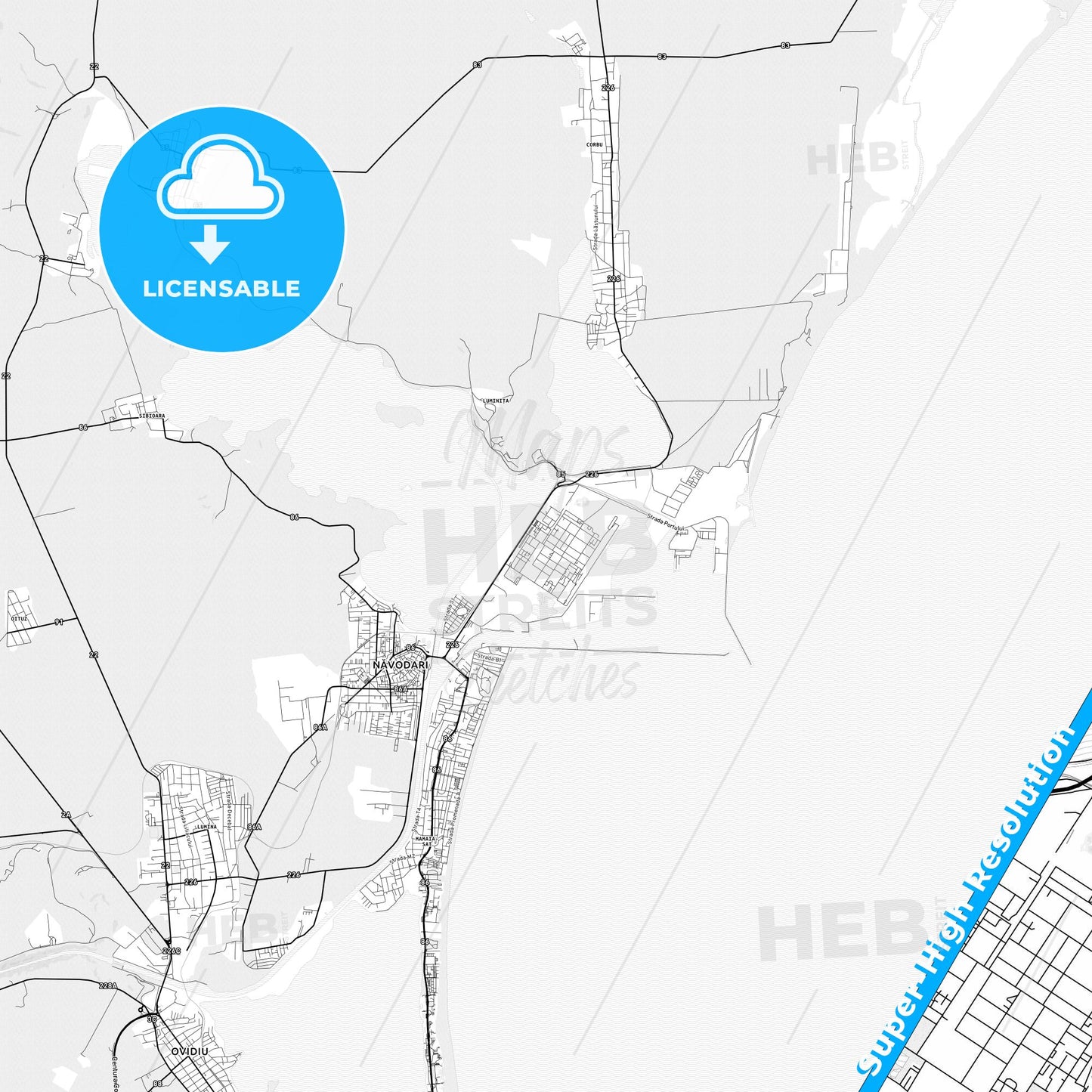 Năvodari, Romania light map with streetnames, citynames and districts