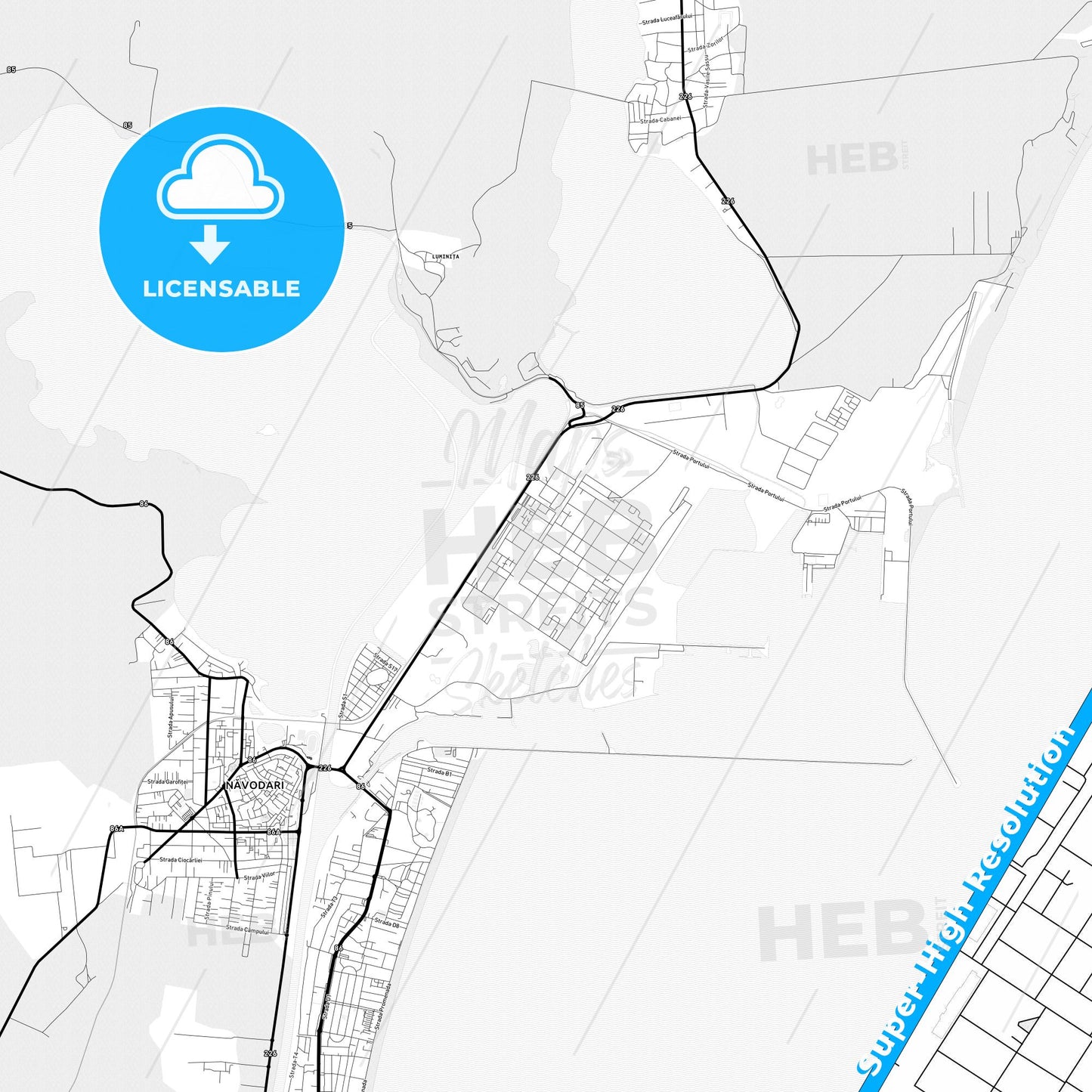 Năvodari, Romania Light Map with Street Names, City Names, and Districts