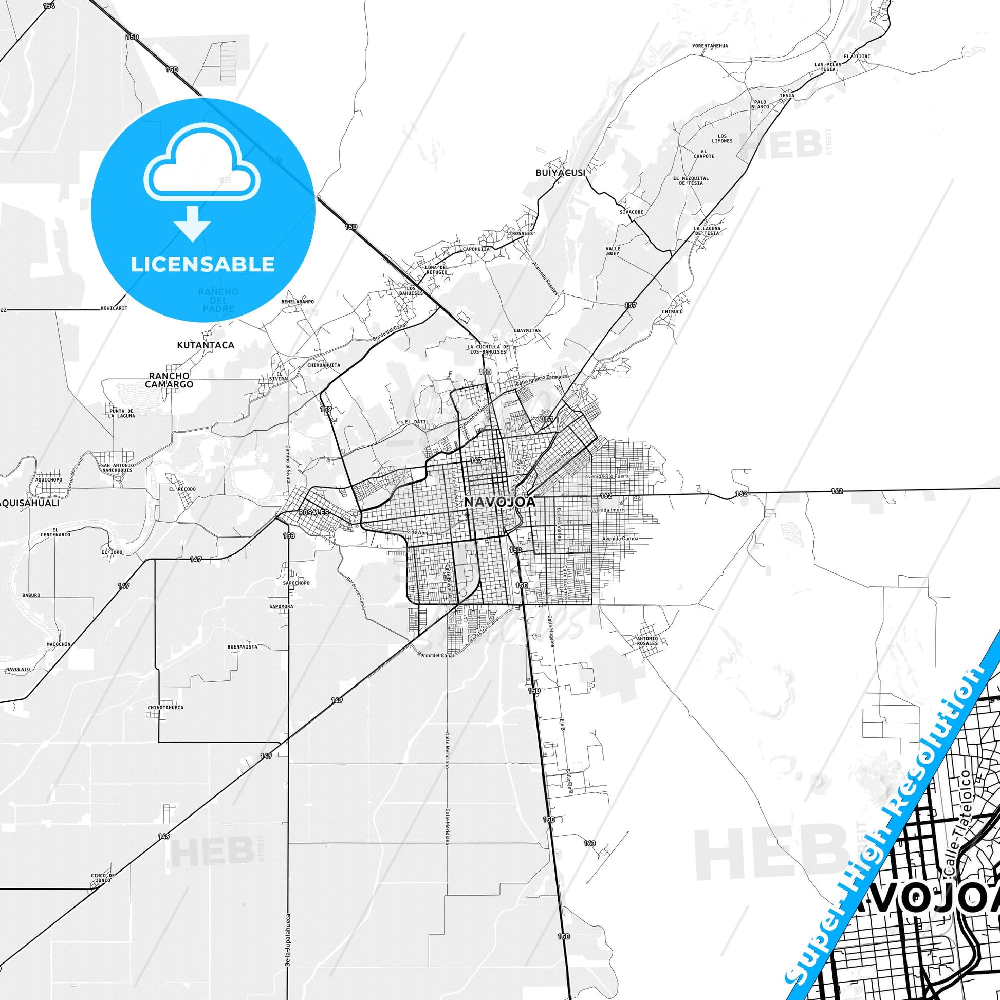 Navojoa, Mexico light map with streetnames, citynames and districts