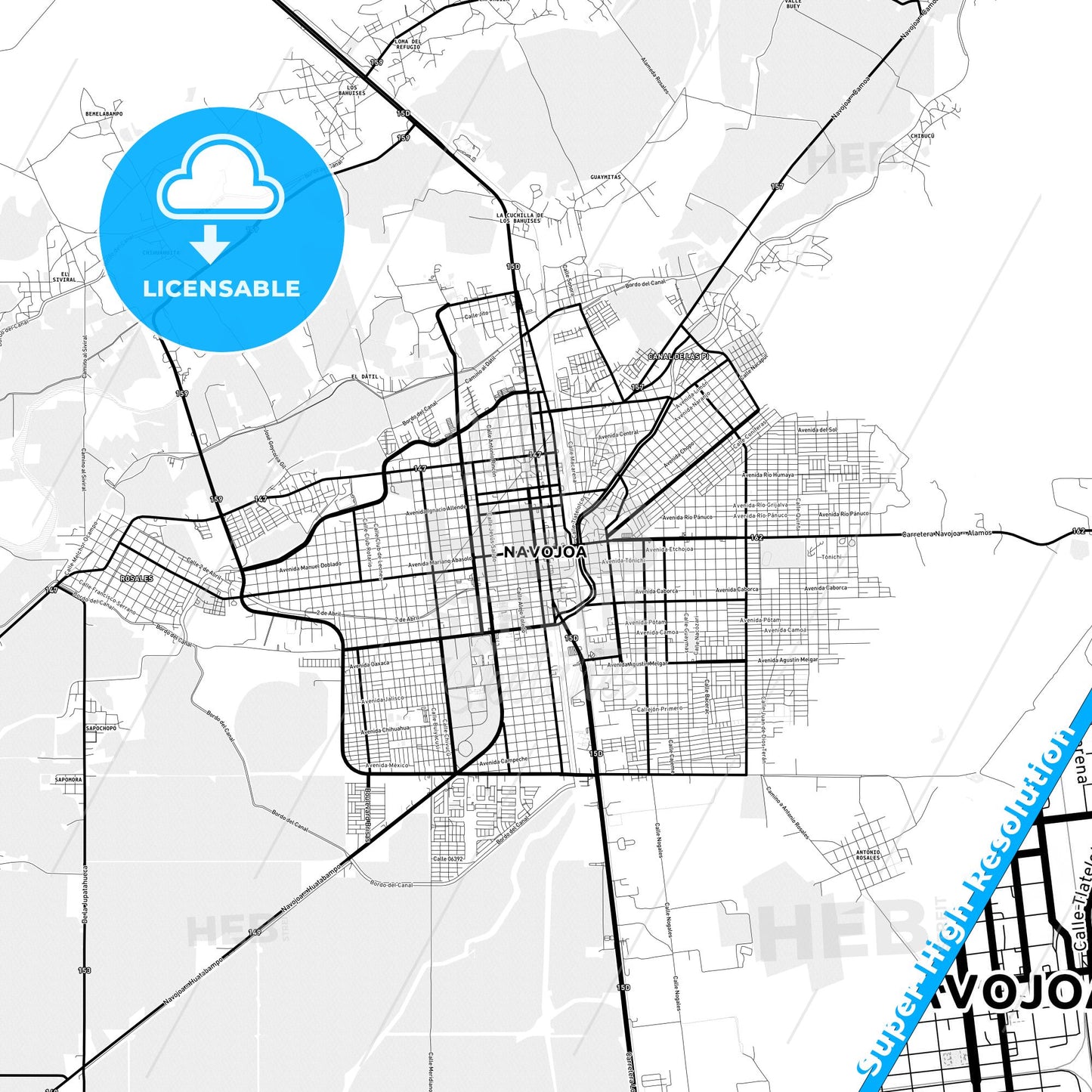 Navojoa, Mexico Light Map with Street Names, City Names, and Districts