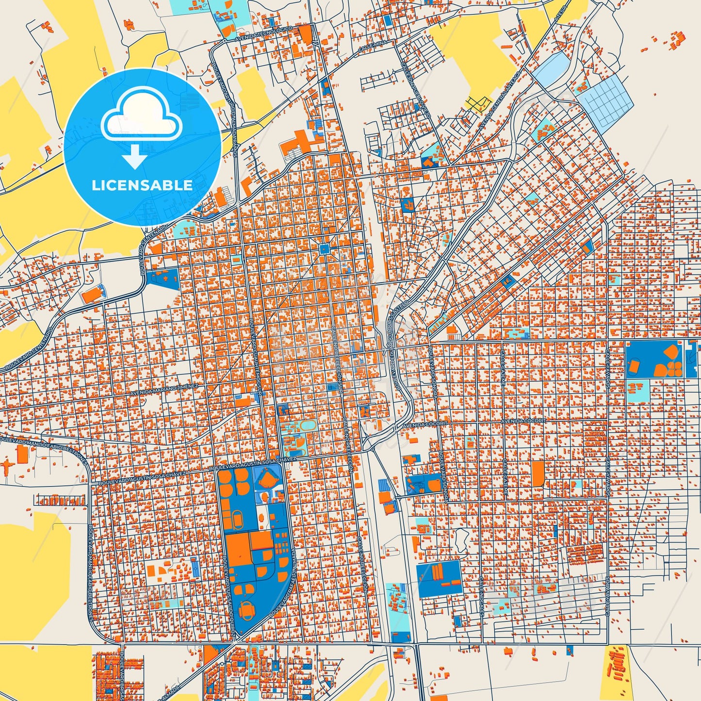 Colorful Navojoa Street Map with Labels and Buildings
