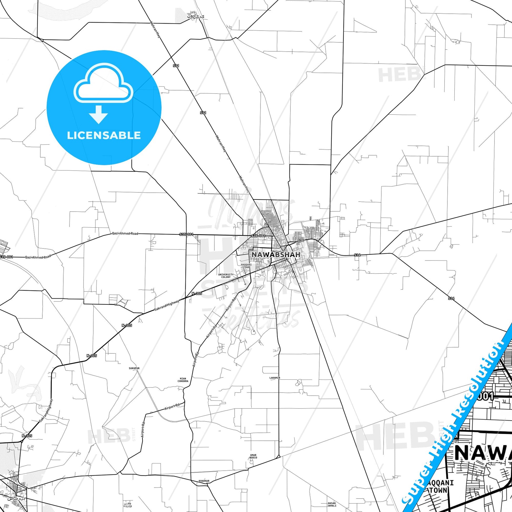 Nawabshah, Pakistan light map with streetnames, citynames and districts