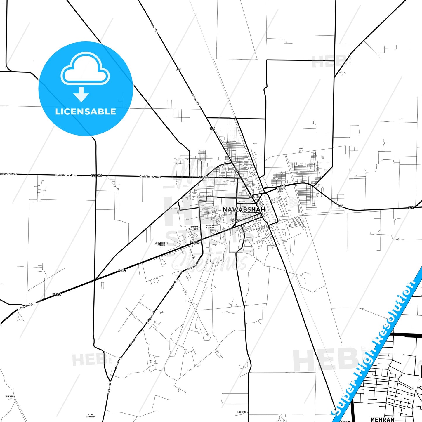 Nawabshah, Pakistan Light Map with Street Names, City Names, and Districts