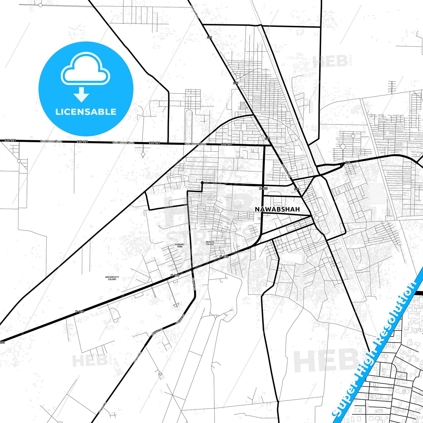 Nawabshah, Pakistan Light Map with Street Names, City Names, and Districts