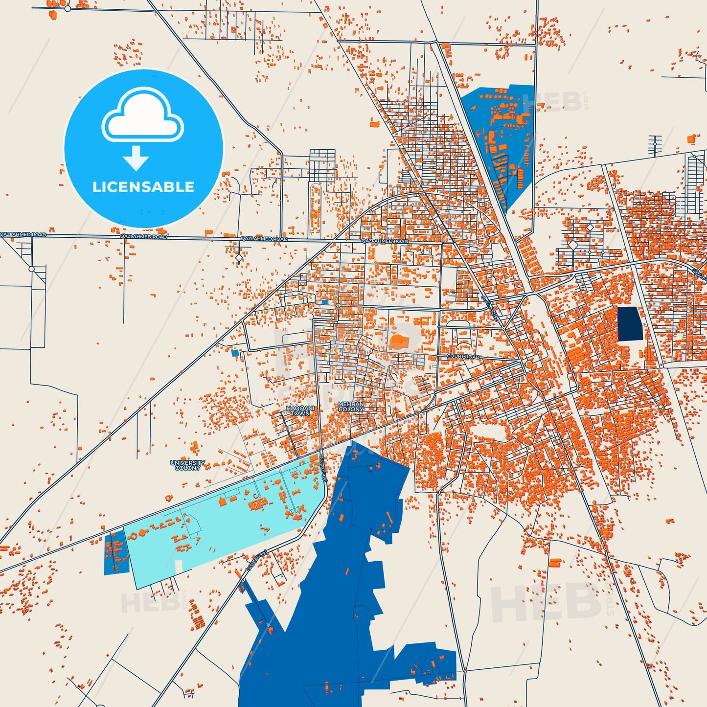 Colorful Nawabshah Street Map with Labels and Buildings