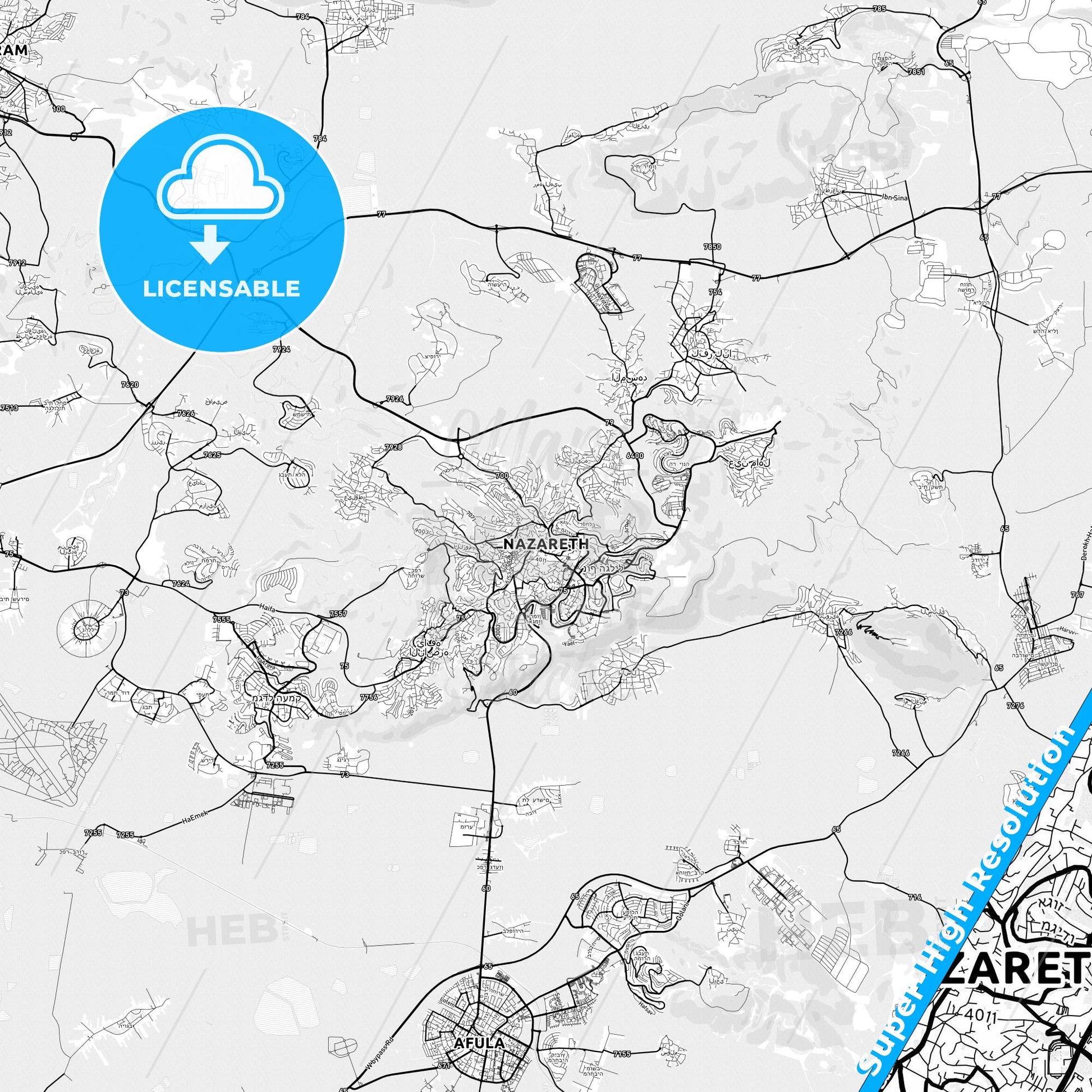 Nazareth, Israel light map with streetnames, citynames and districts