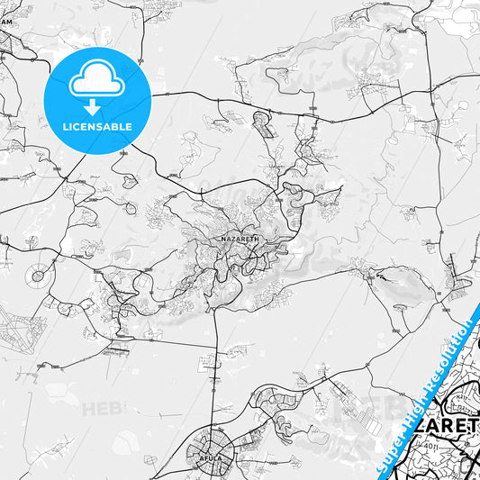 Nazareth, Israel light map with streetnames, citynames and districts