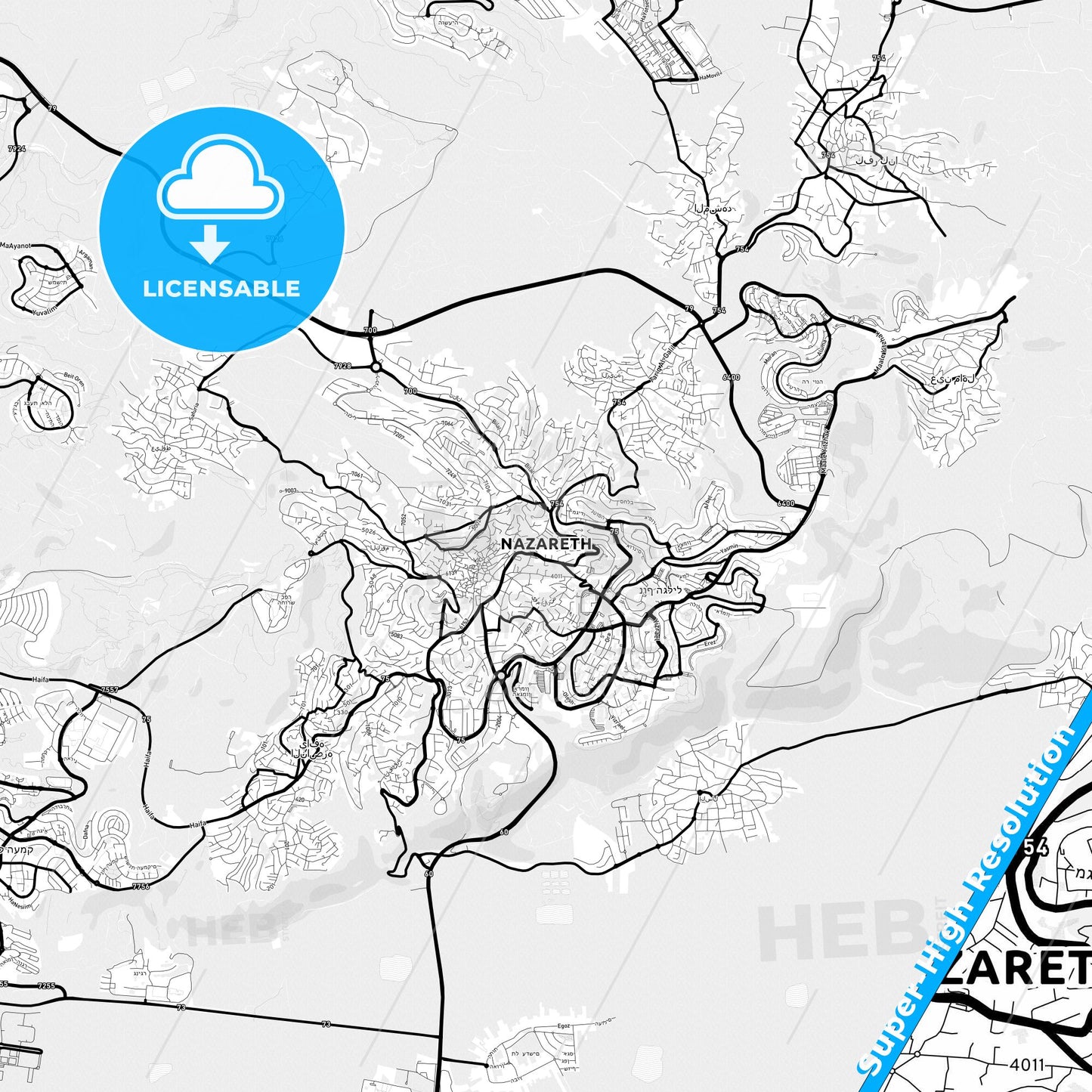 Nazareth, Israel Light Map with Street Names, City Names, and Districts