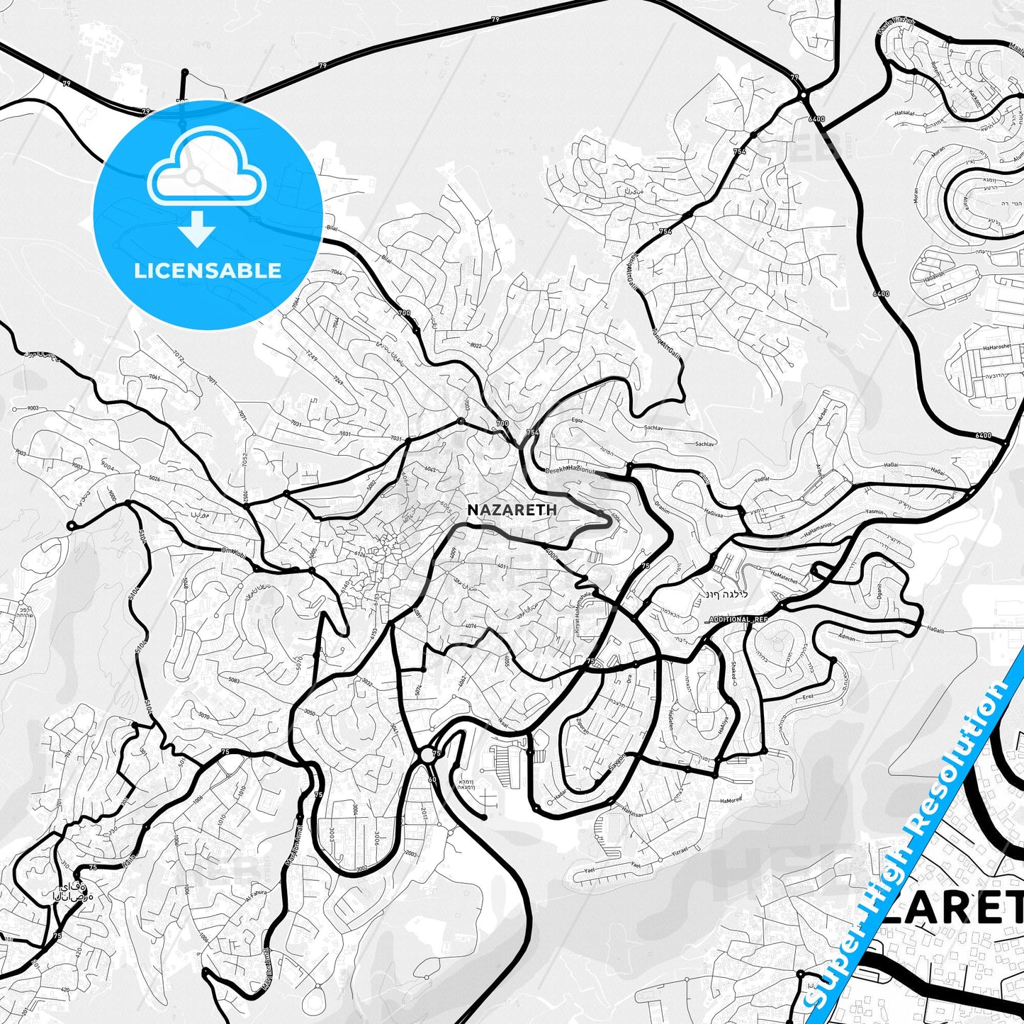 Nazareth, Israel Light Map with Street Names, City Names, and Districts