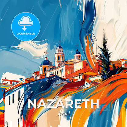 Vibrant Nazareth, Israel - A Painting Of A Building With A Blue Sky And Clouds - Square format print template