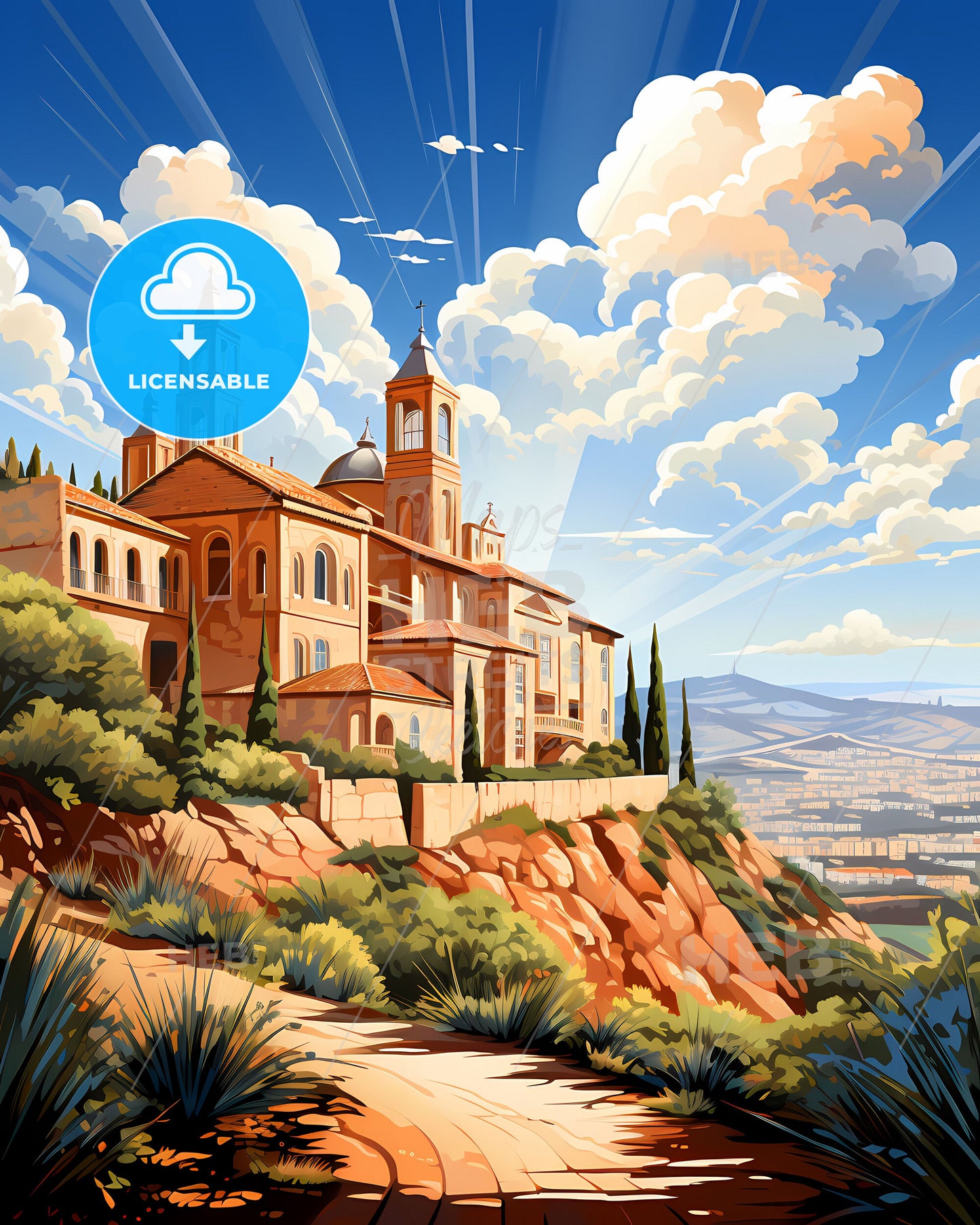 Artistic Skyline of Nazareth Israel - Vibrant Painting of Buildings on a Hill