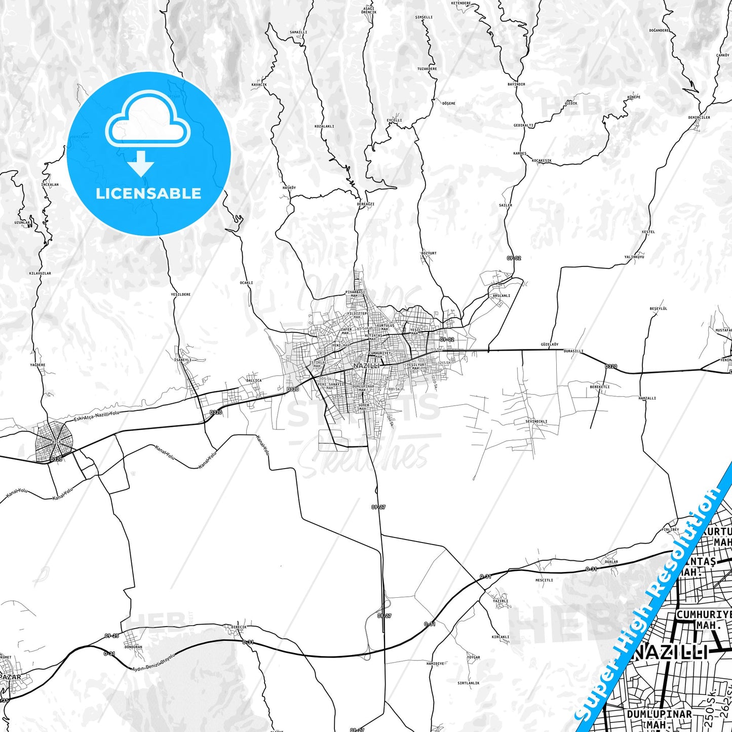 Nazilli, Turkey light map with streetnames, citynames and districts