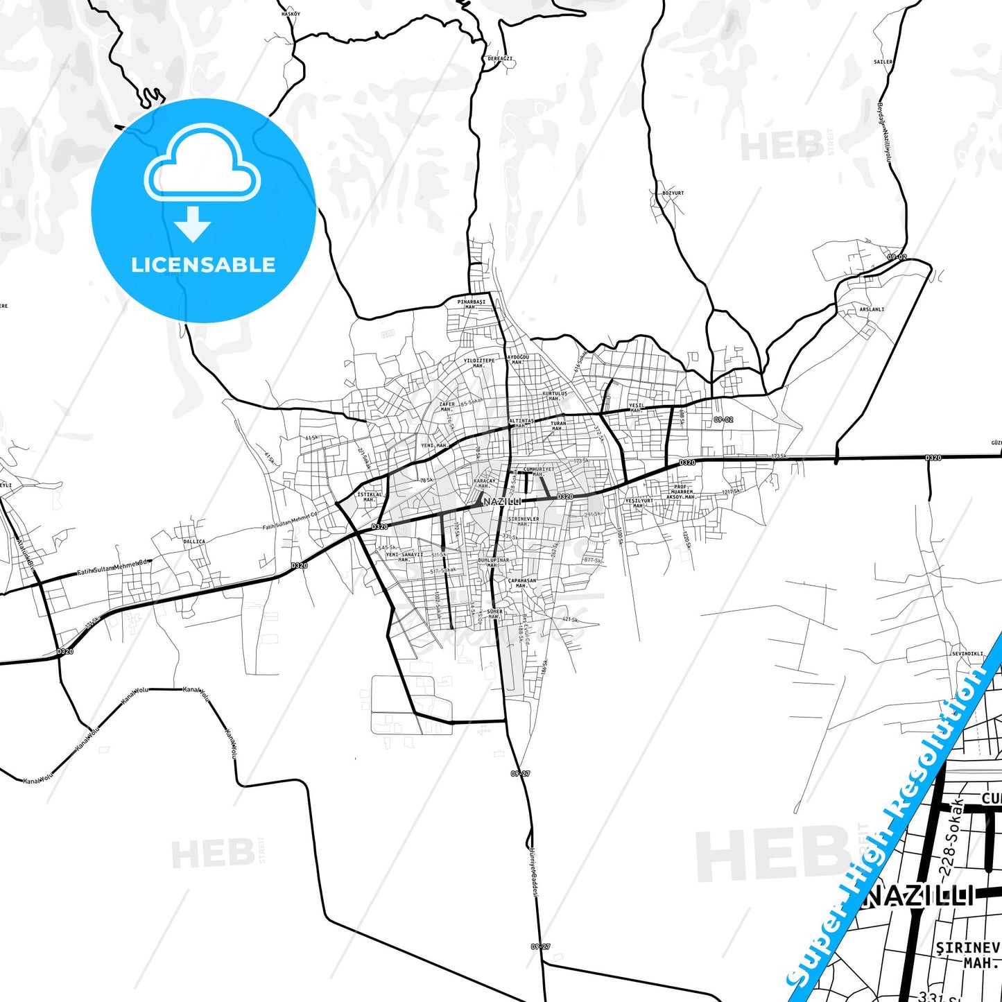 Nazilli, Turkey Light Map with Street Names, City Names, and Districts