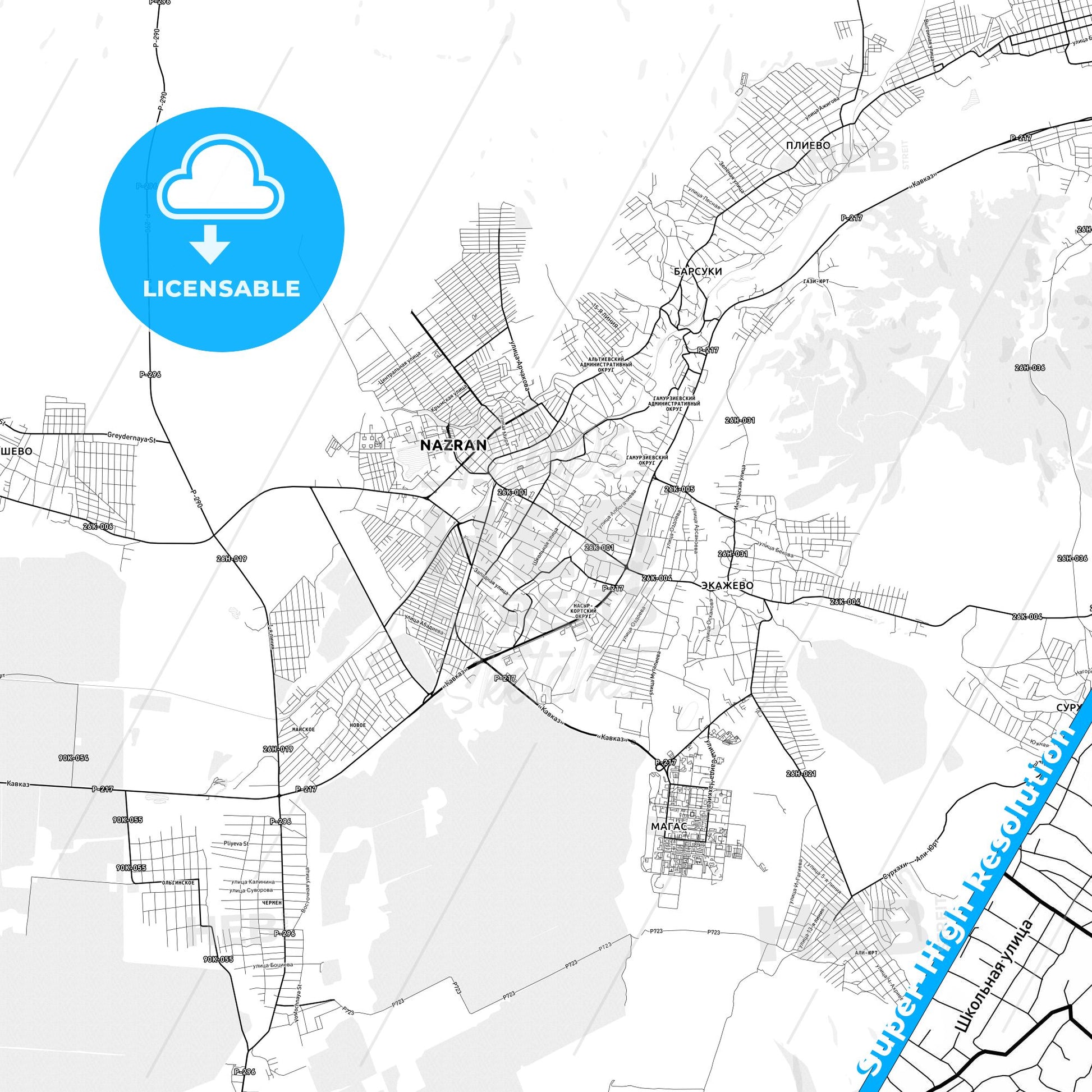 Nazran, Russia light map with streetnames, citynames and districts