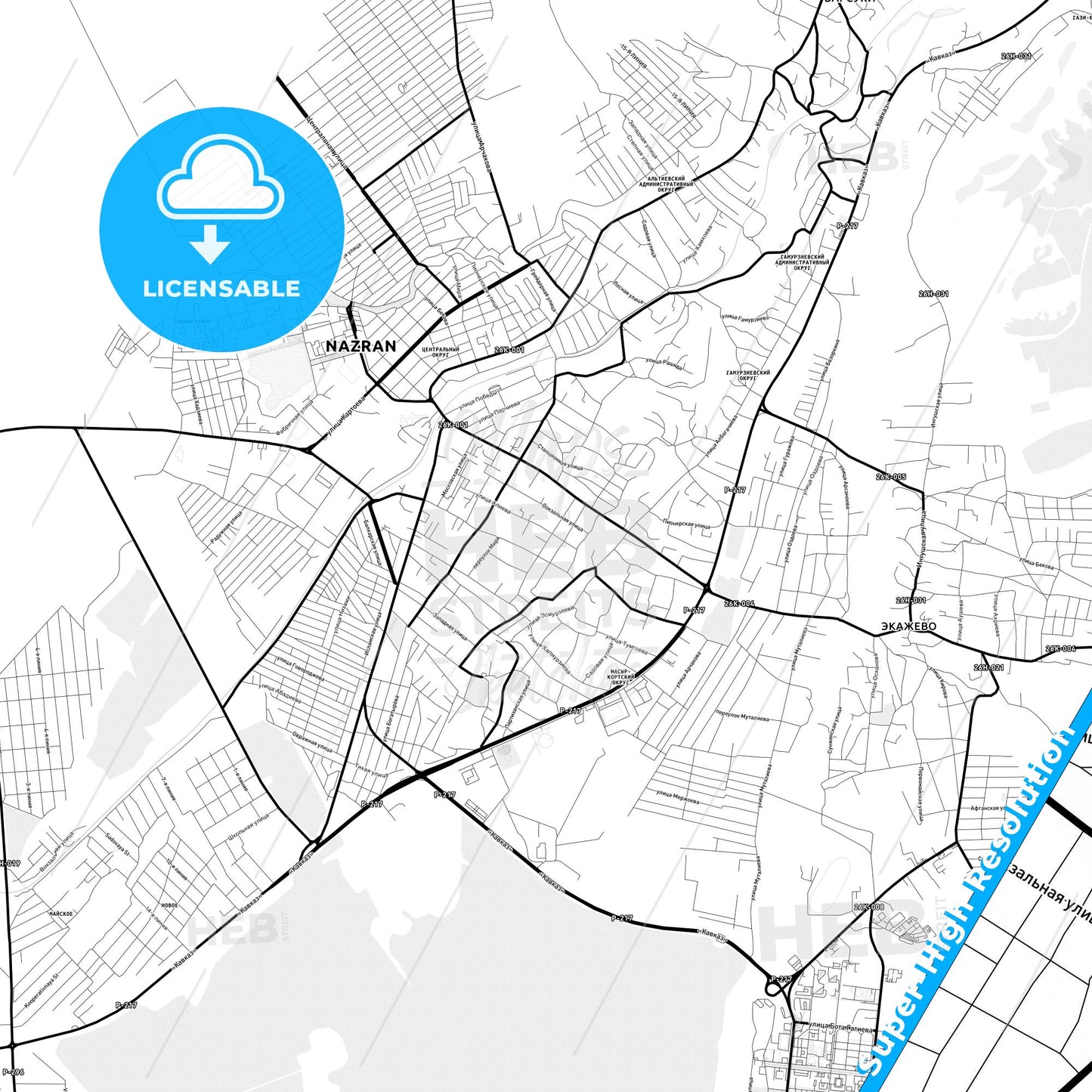 Nazran, Russia Light Map with Street Names, City Names, and Districts