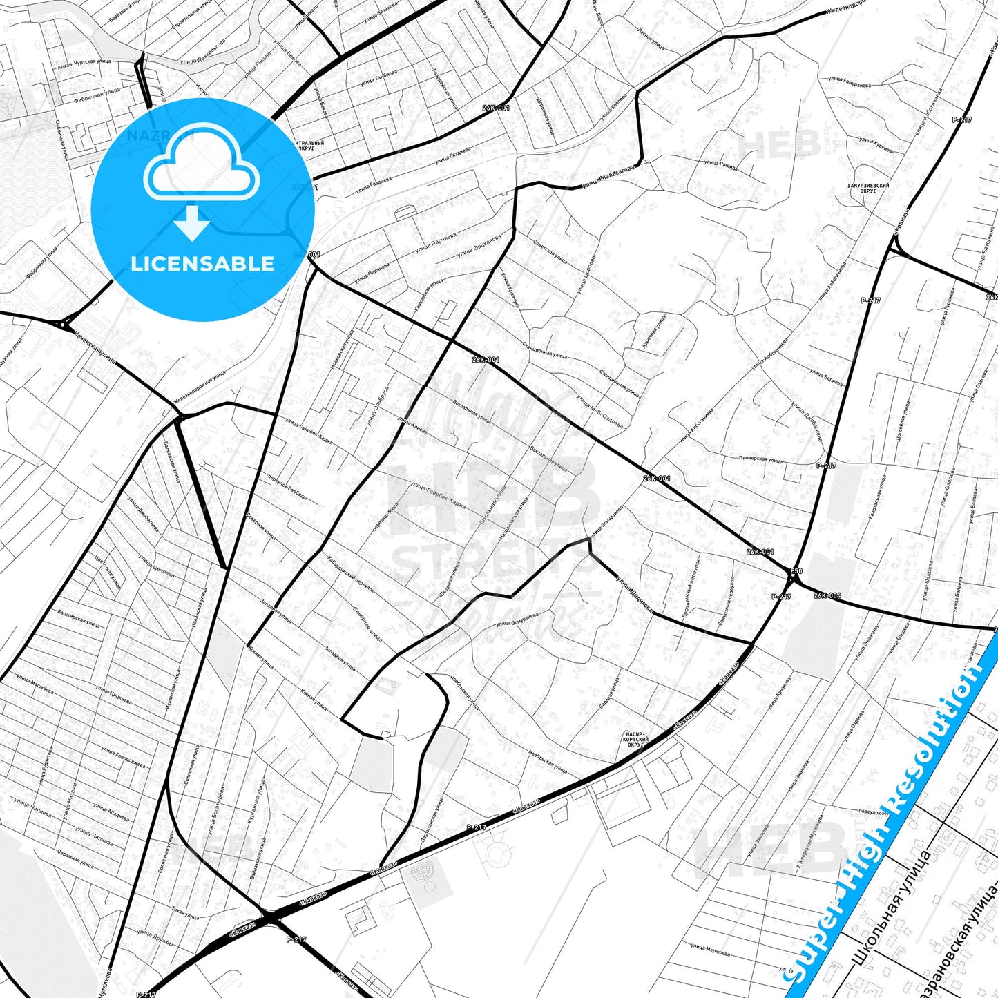 Nazran, Russia Light Map with Street Names, City Names, and Districts