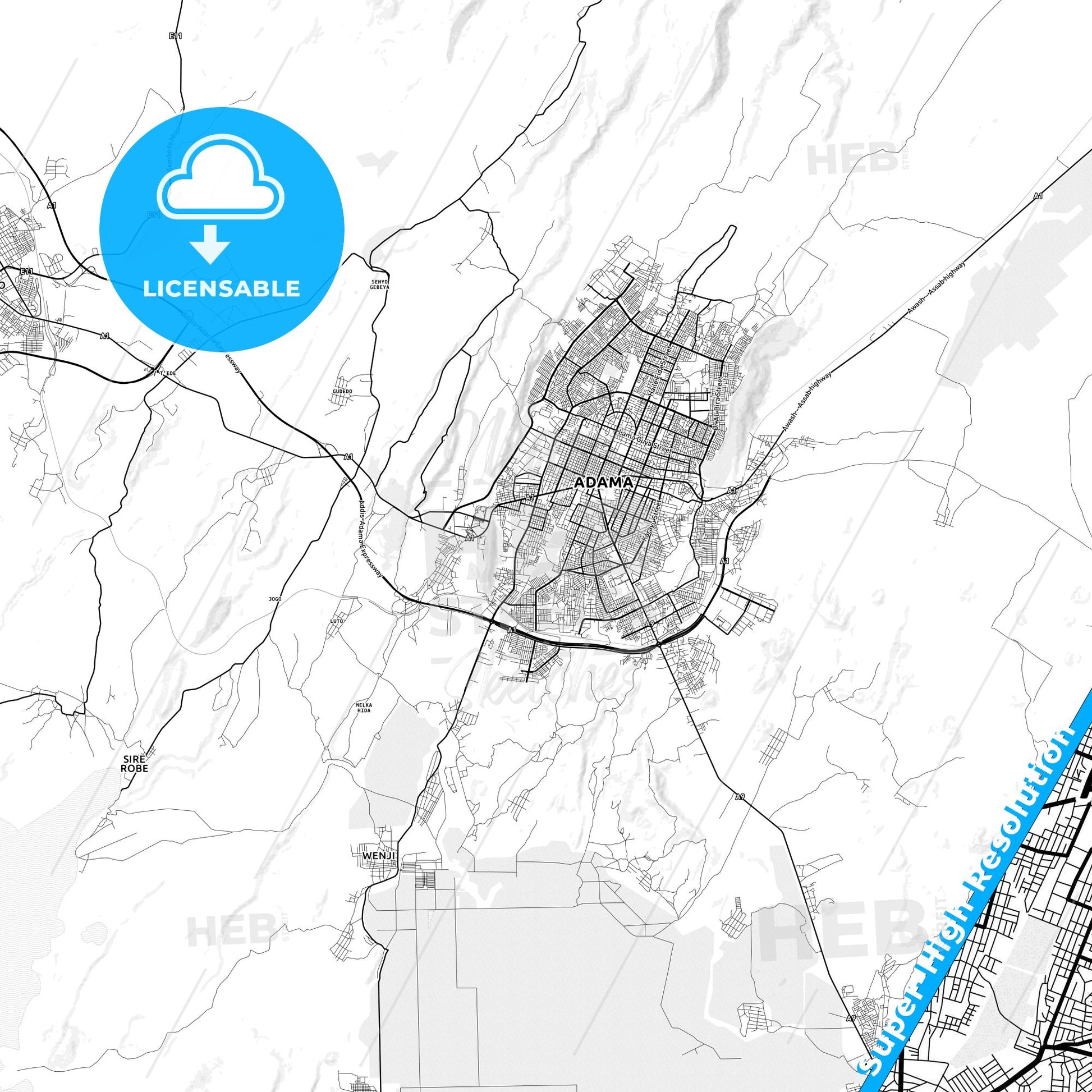 Nazret, Ethiopia light map with streetnames, citynames and districts