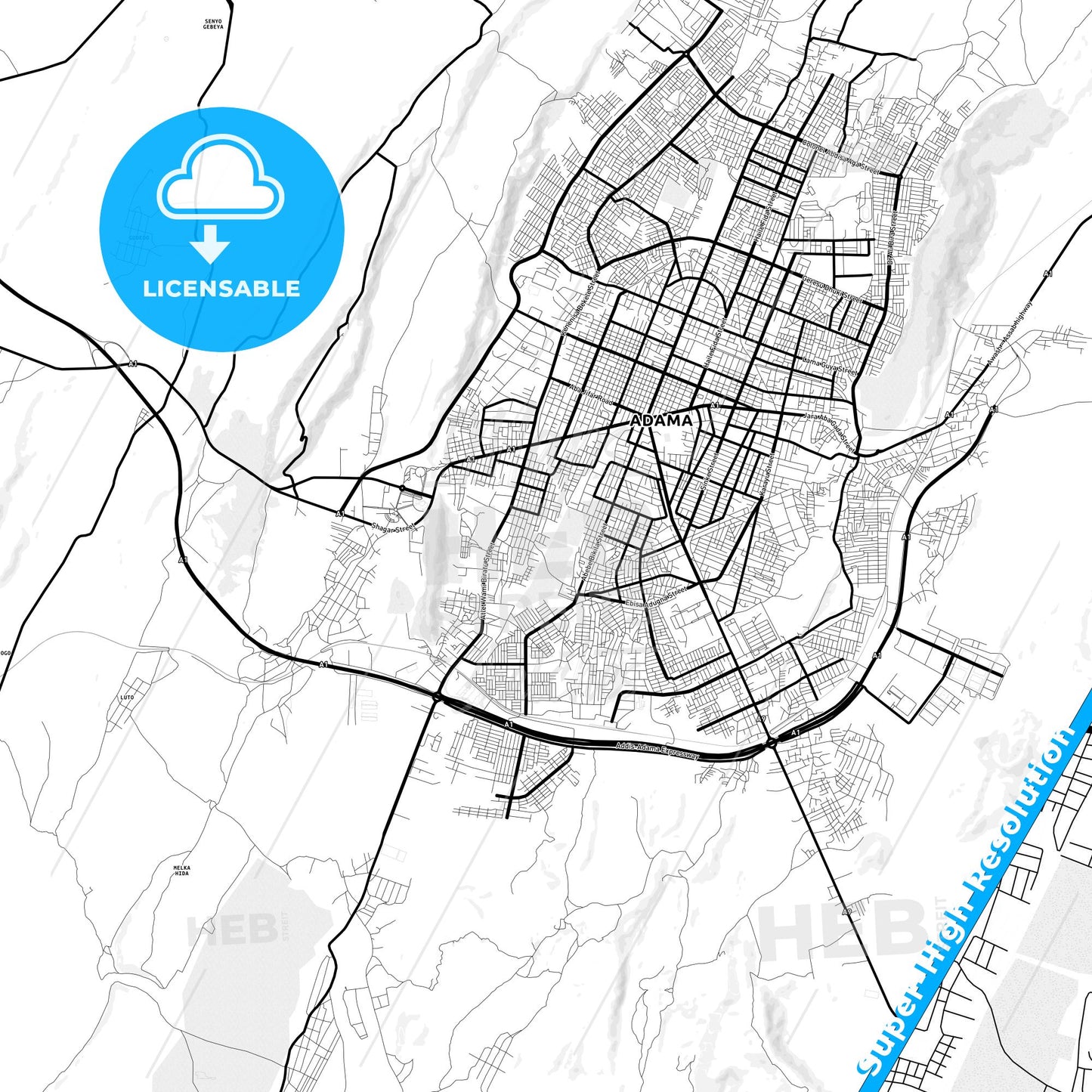 Nazret, Ethiopia Light Map with Street Names, City Names, and Districts