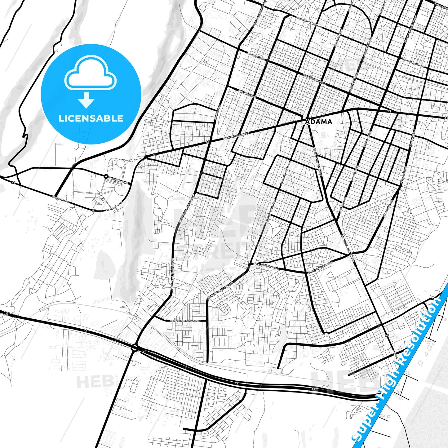 Nazret, Ethiopia Light Map with Street Names, City Names, and Districts