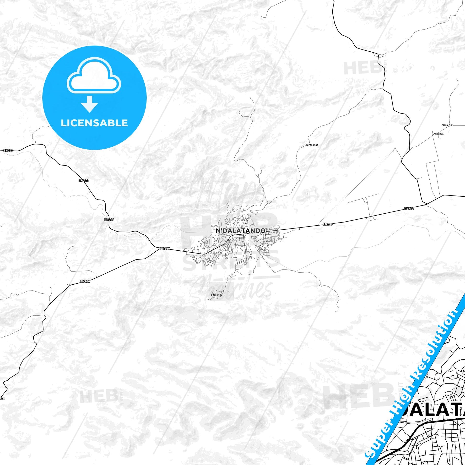 N dalatando, Angola light map with streetnames, citynames and districts