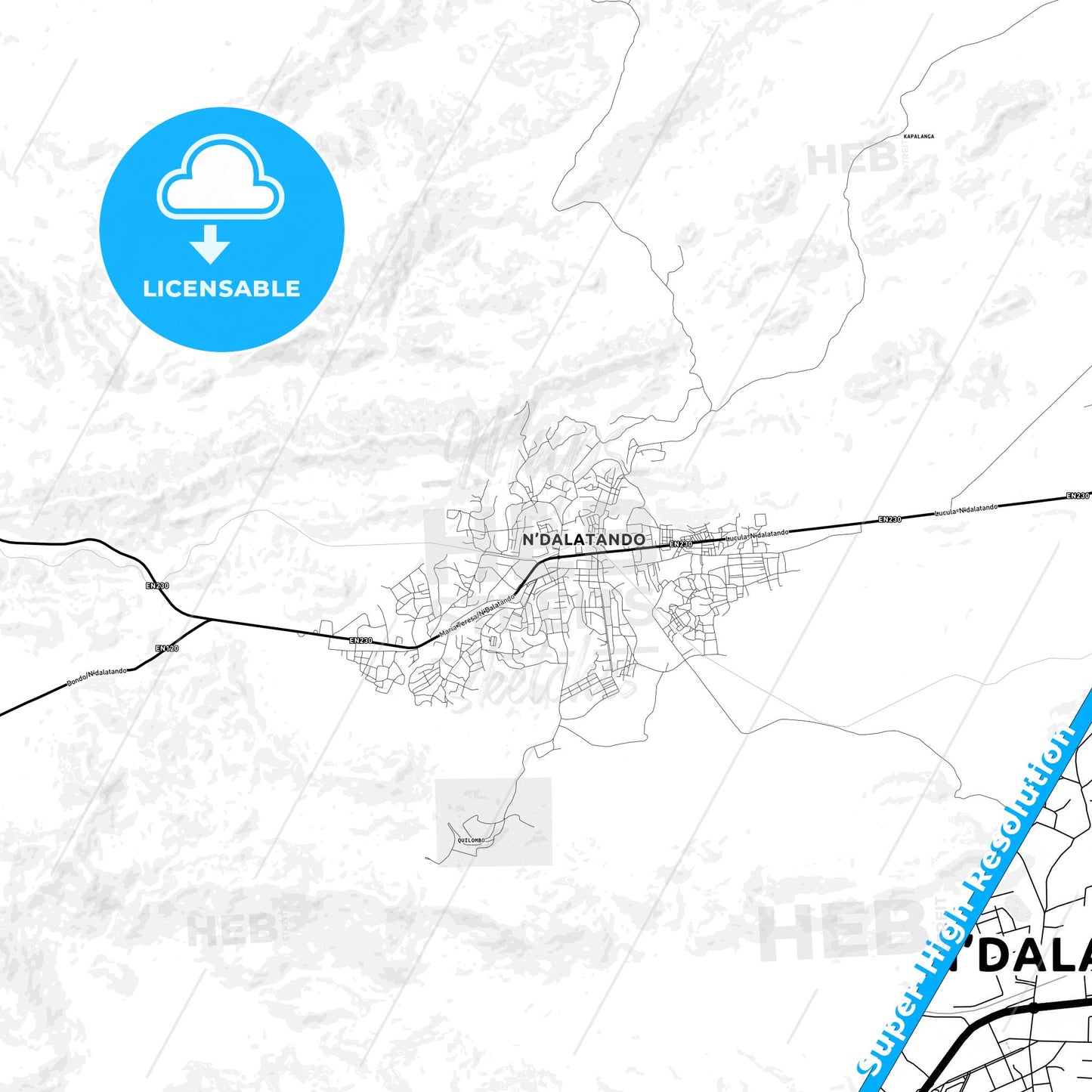 N dalatando, Angola Light Map with Street Names, City Names, and Districts