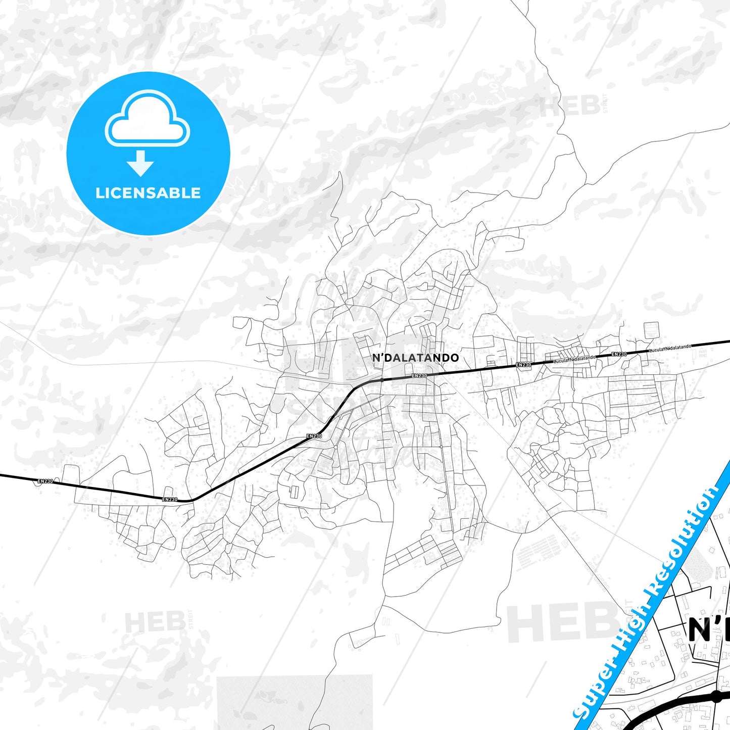 N dalatando, Angola Light Map with Street Names, City Names, and Districts