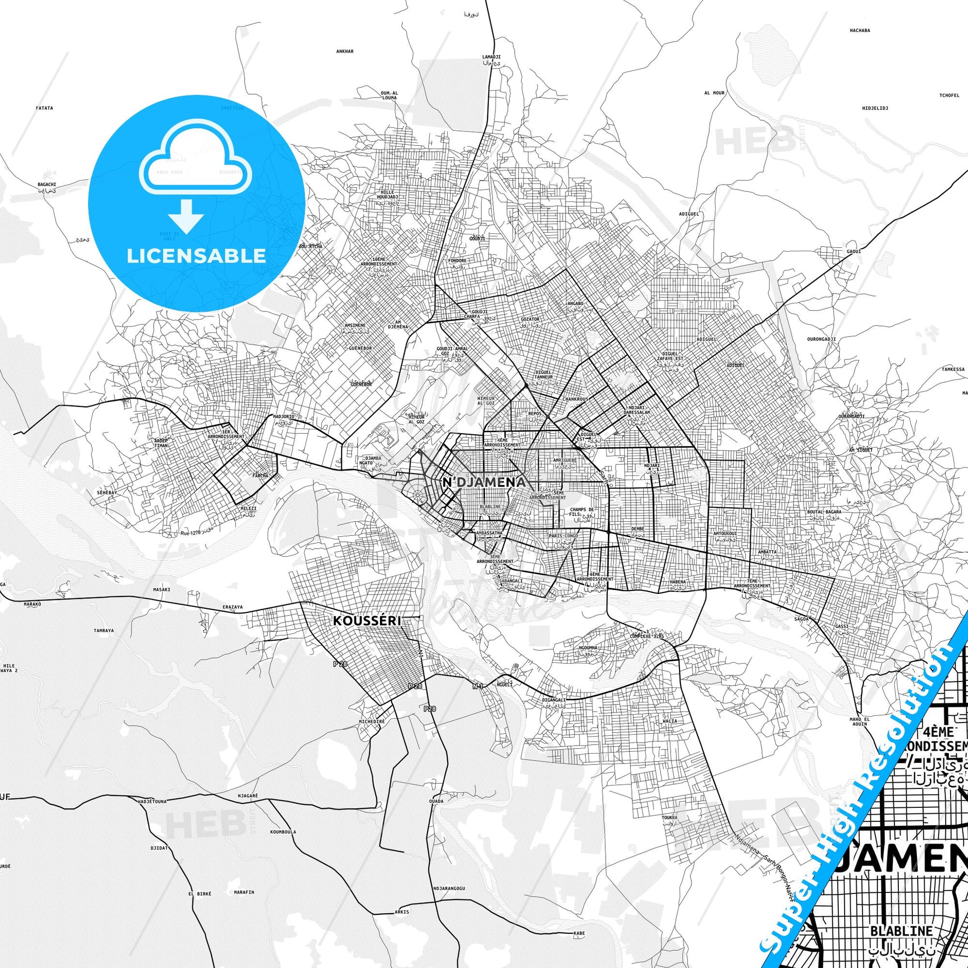 NDjamena, Chad light map with streetnames, citynames and districts