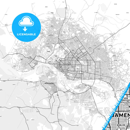 NDjamena, Chad light map with streetnames, citynames and districts