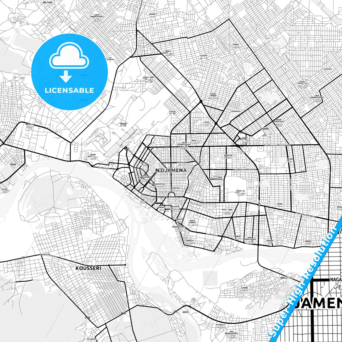 NDjamena, Chad Light Map with Street Names, City Names, and Districts