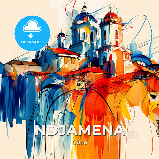 Vibrant Ndjamena, Chad - A Painting Of A Building With A Horse - Square format print template