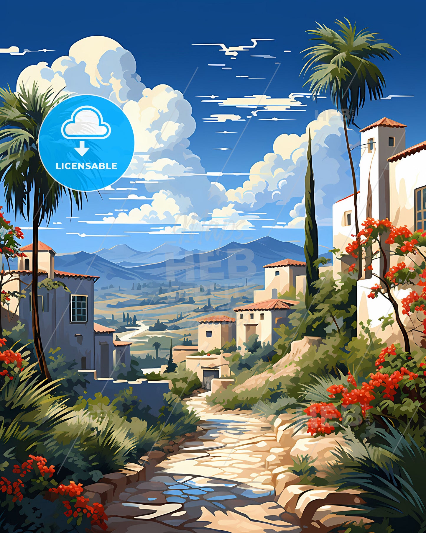 Vibrant Painting of NDjamena, Chad Skyline with Village, Trees, and Flowers, Art Focus