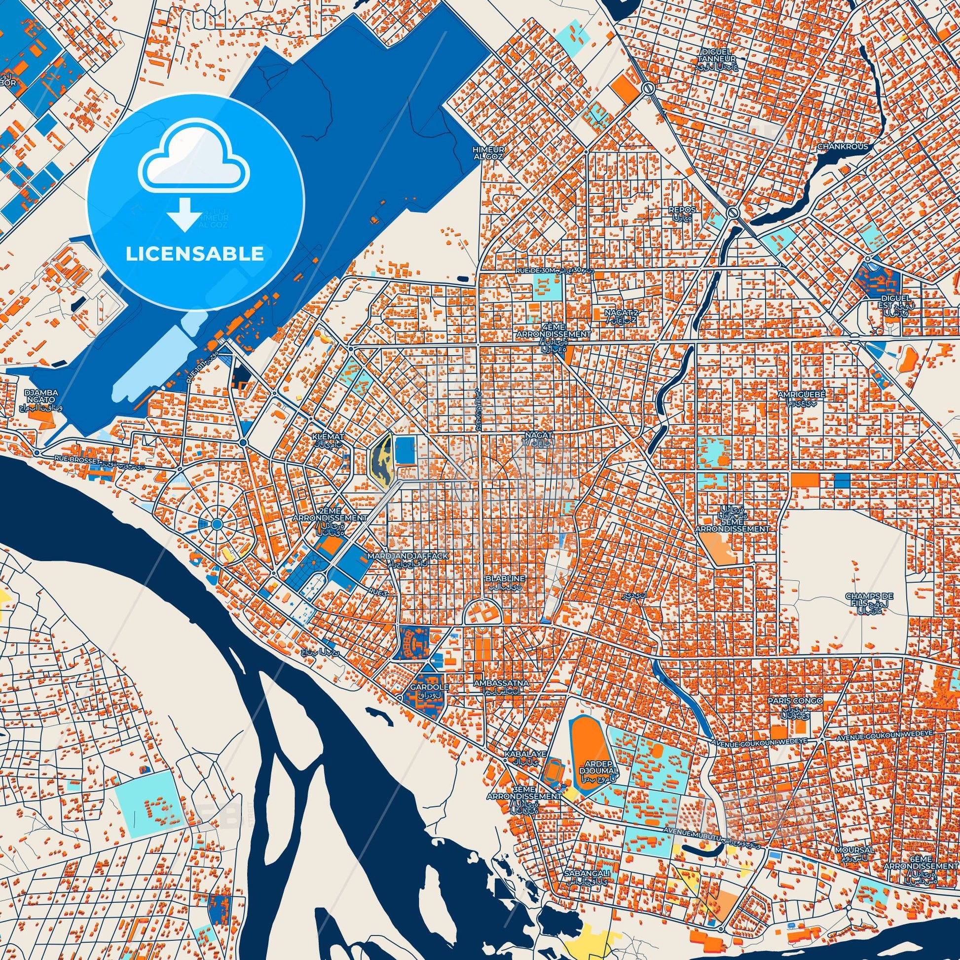 Colorful NDjamena Street Map with Labels and Buildings