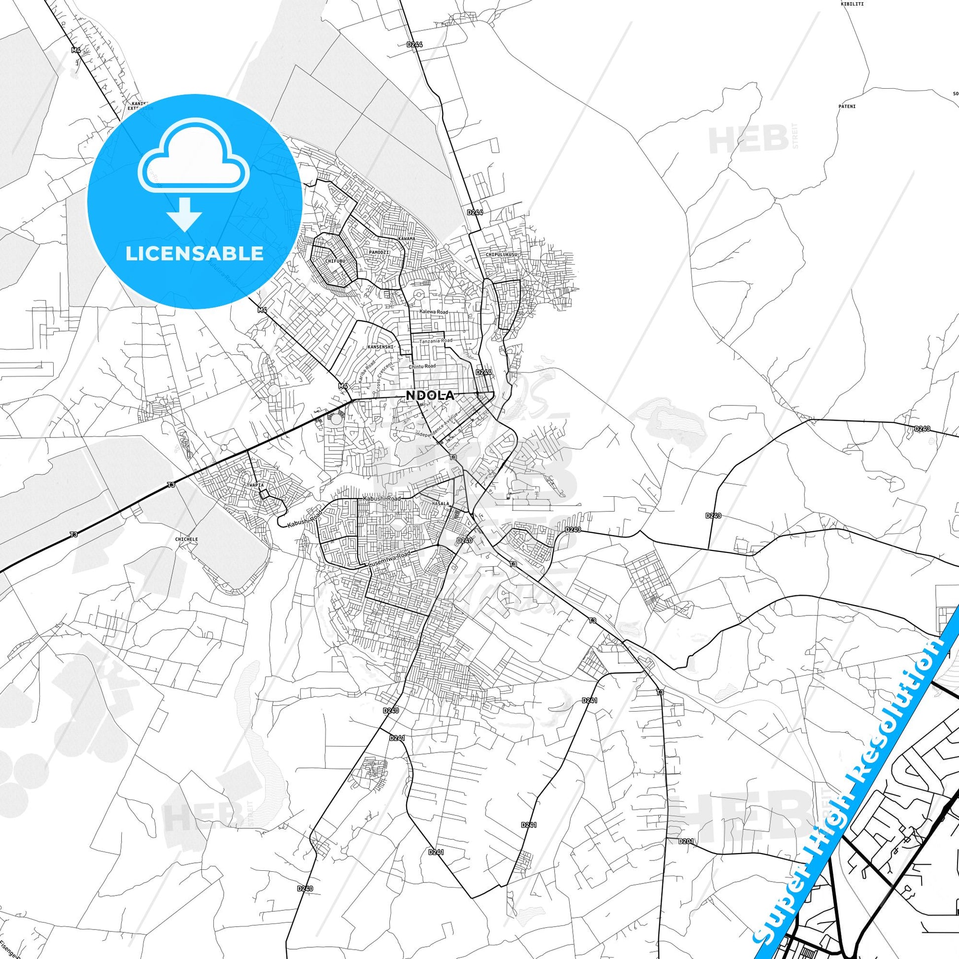 Ndola, Zambia light map with streetnames, citynames and districts