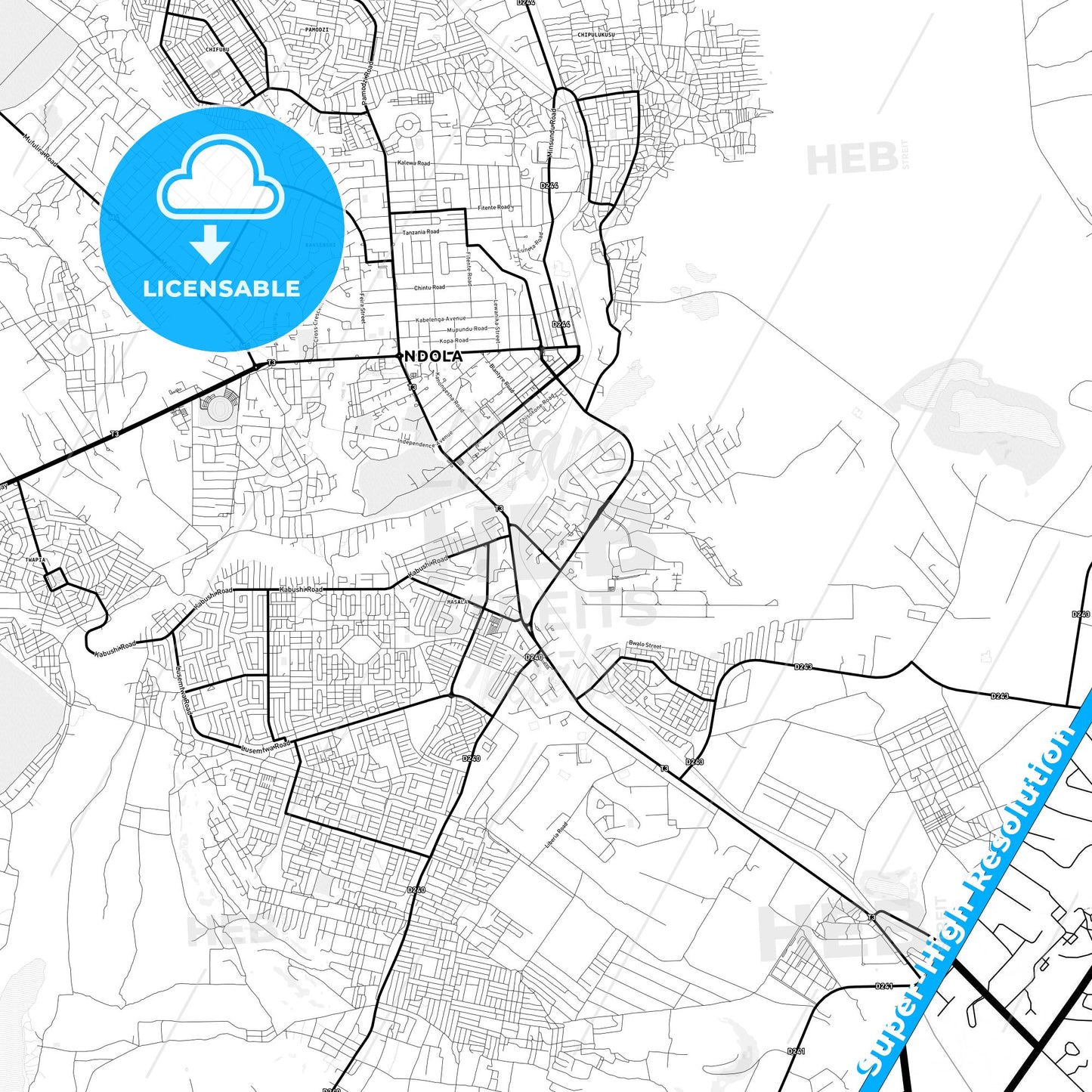 Ndola, Zambia Light Map with Street Names, City Names, and Districts