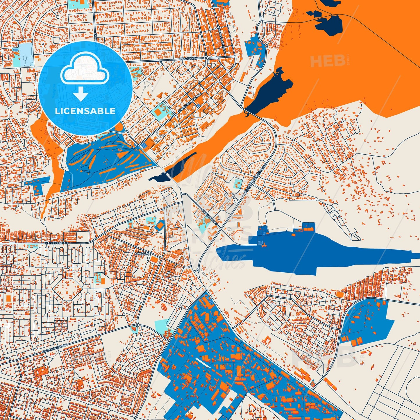 Colorful Ndola Street Map with Labels and Buildings