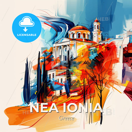 Vibrant Nea Ionia, Greece - A Painting Of A Building On A Hill - Square format print template