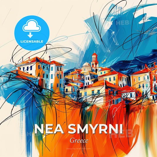 Vibrant Nea Smyrni, Greece - A Painting Of A Town - Square format print template