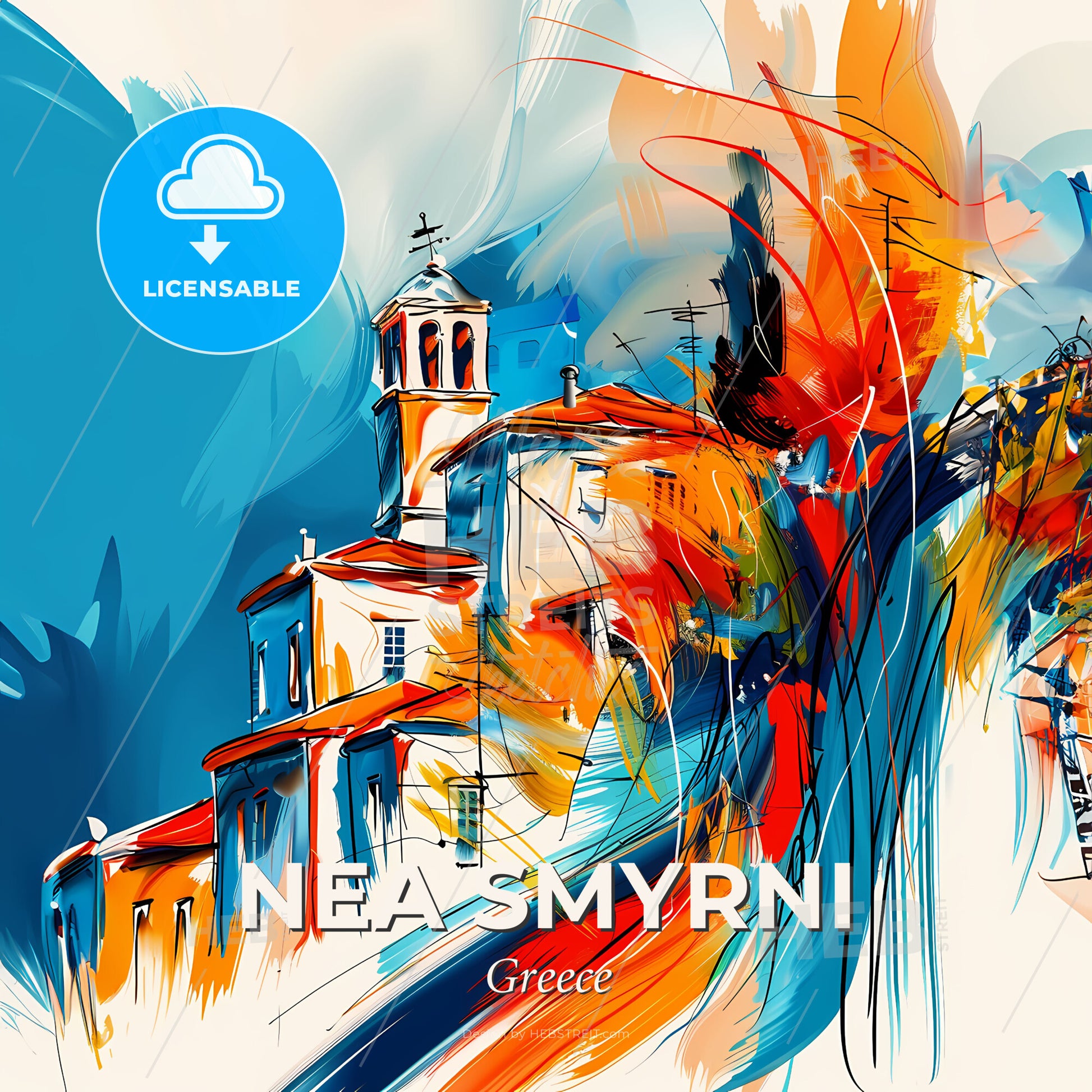 Vibrant Nea Smyrni, Greece - A Painting Of A Building - Square format print template