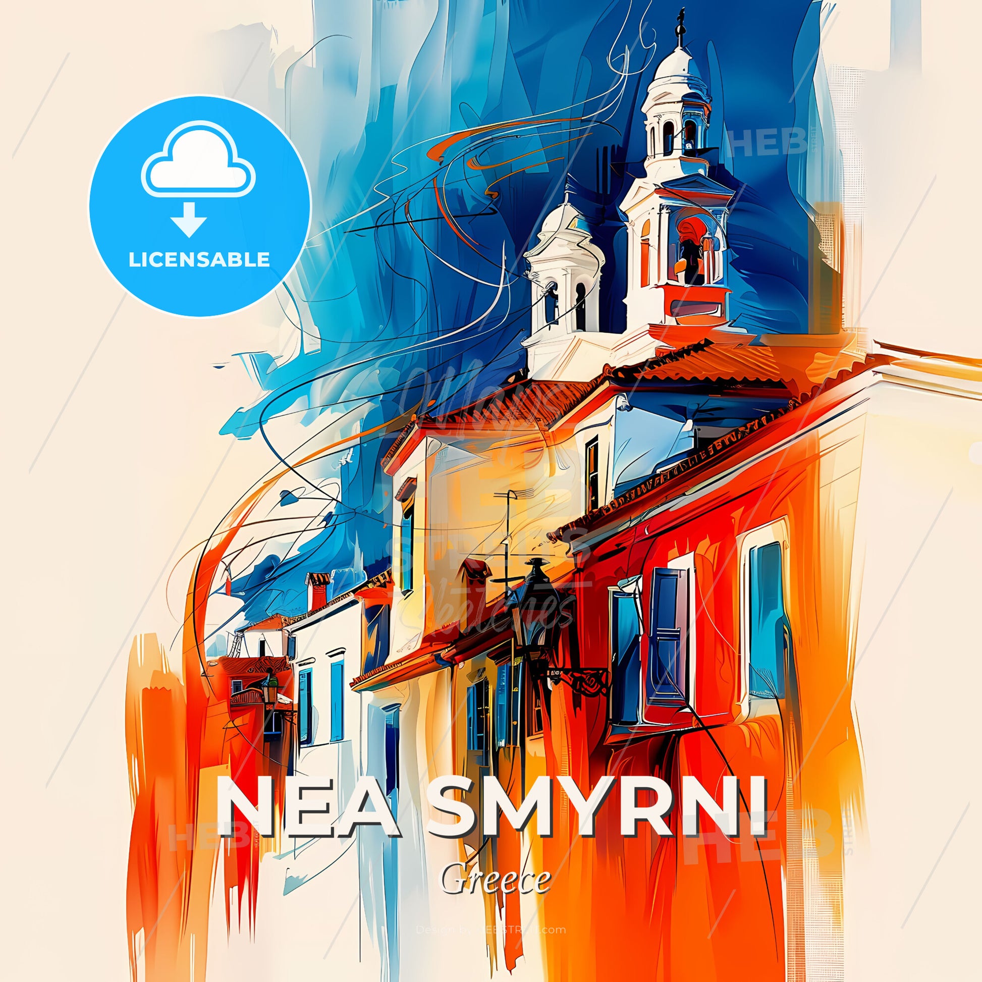 Vibrant Nea Smyrni, Greece - A Painting Of A Building With A Steeple - Square format print template