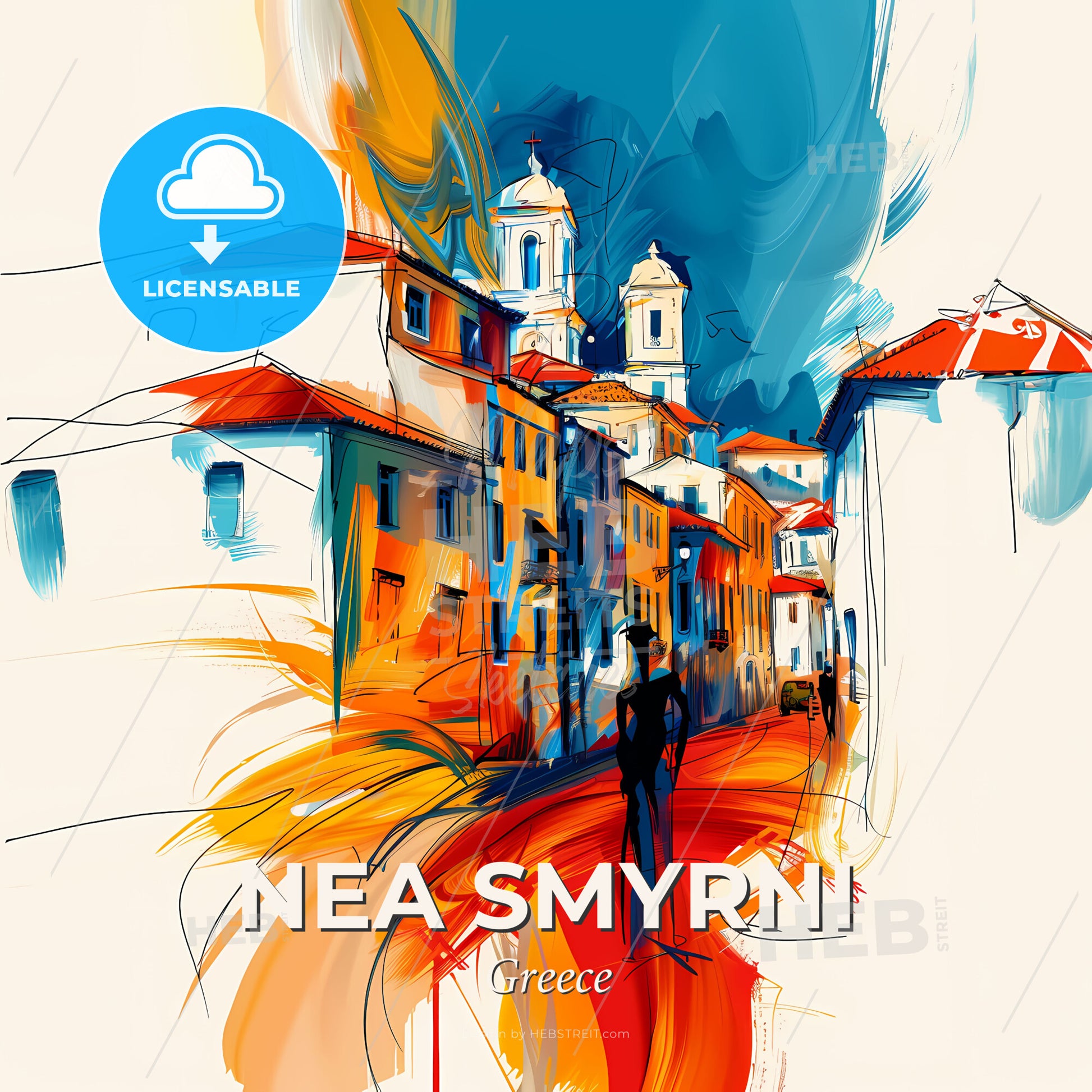 Vibrant Nea Smyrni, Greece - A Painting Of A Street With Buildings And A Person Walking - Square format print template