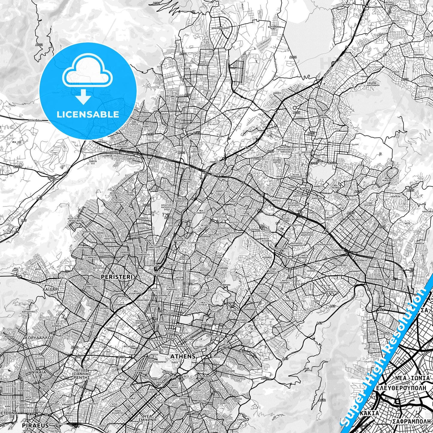 Nea Ionia, Greece light map with streetnames, citynames and districts