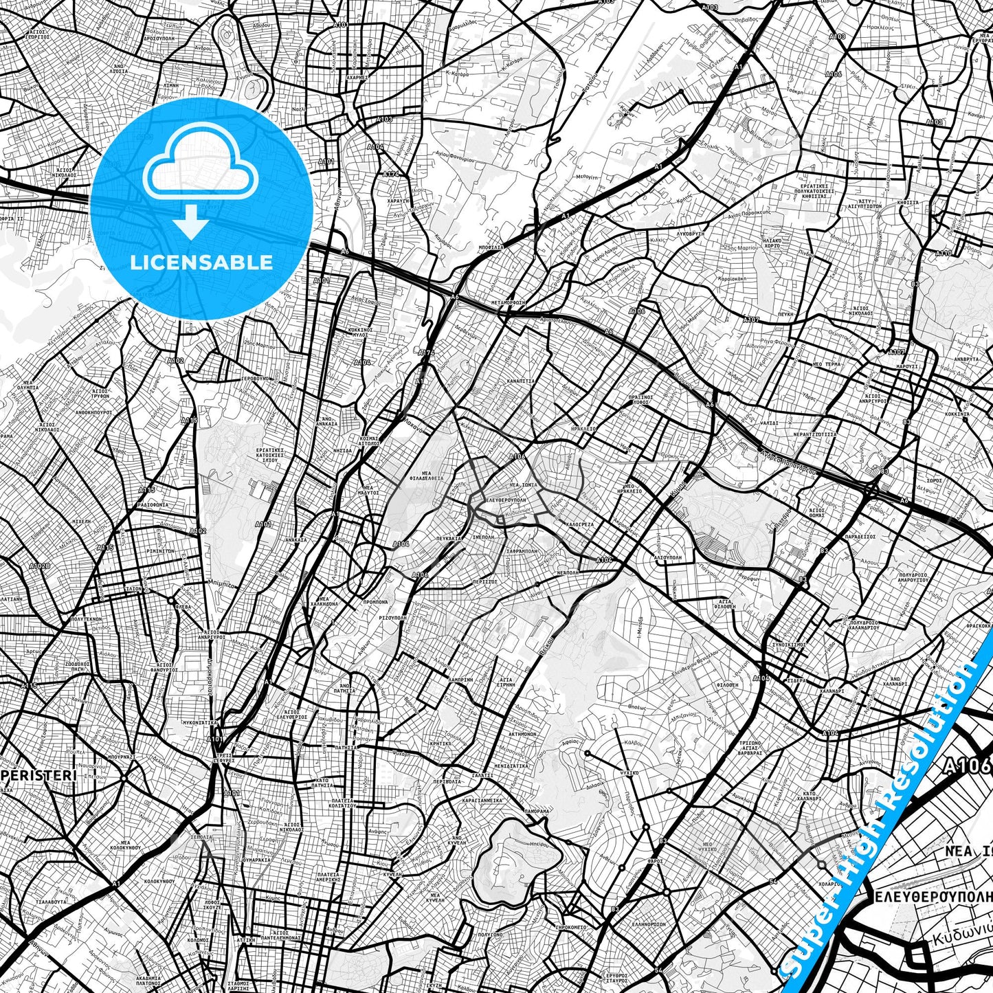 Nea Ionia, Greece Light Map with Street Names, City Names, and Districts