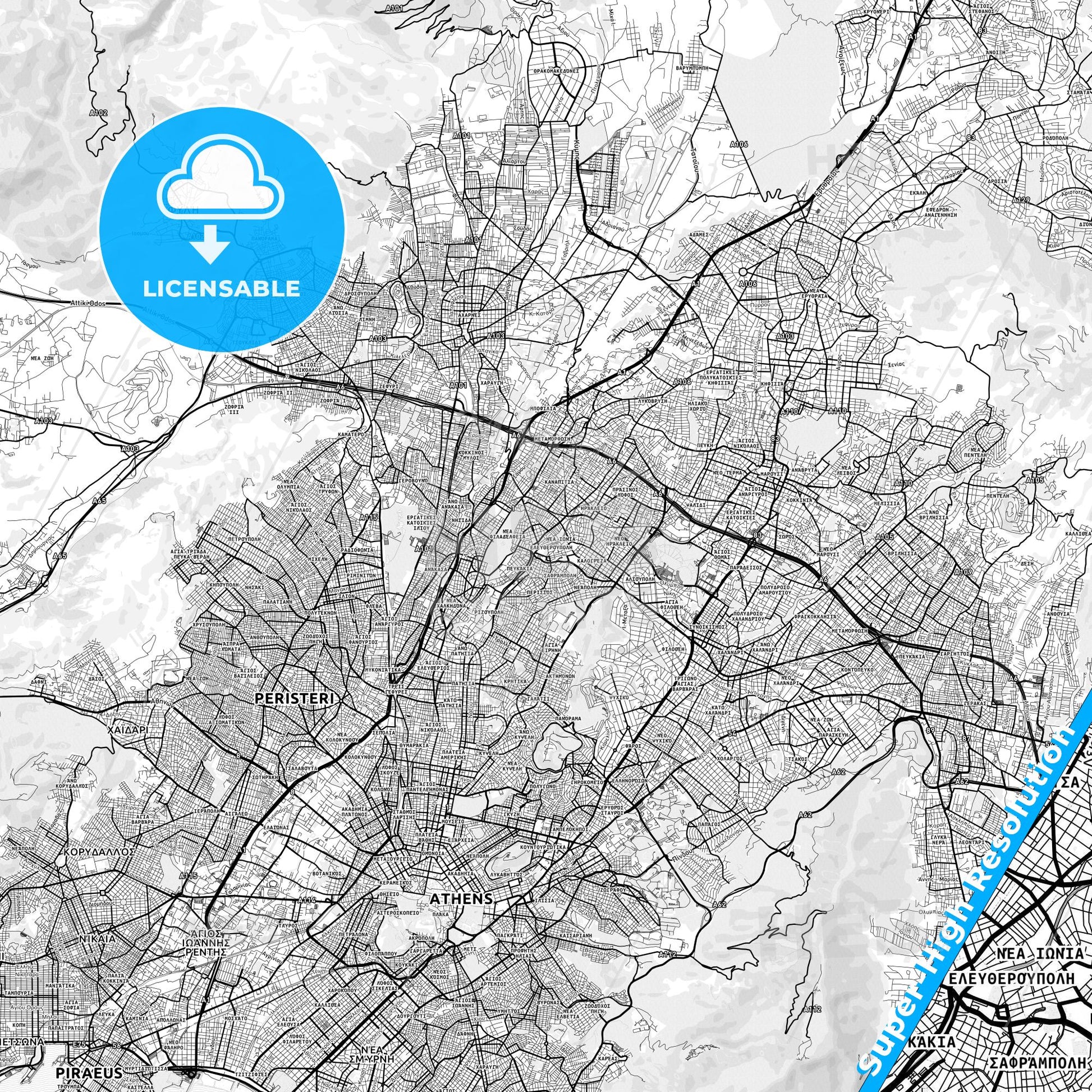 Nea Ionia, Greece light map with streetnames, citynames and districts