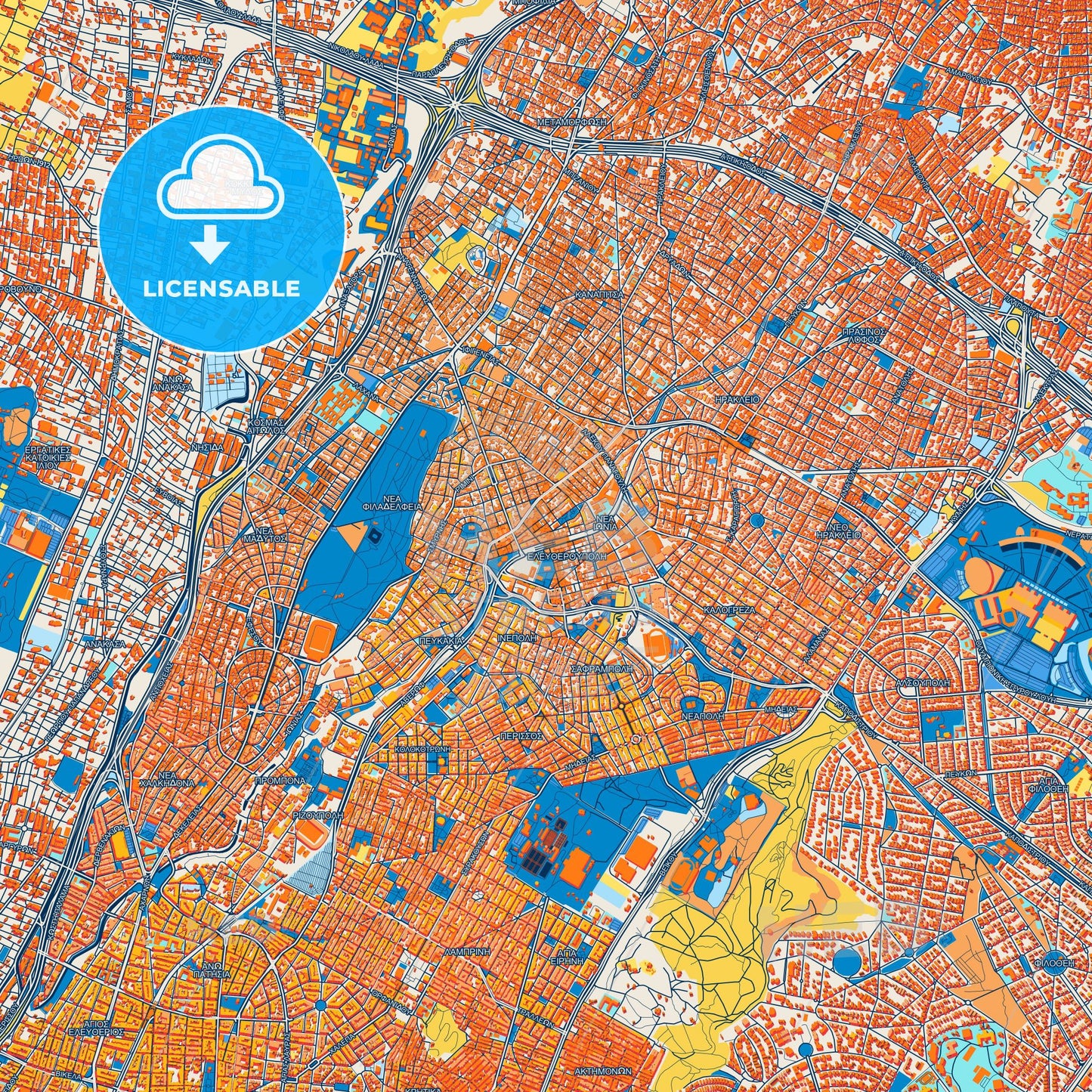 Colorful Nea Ionia Street Map with Labels and Buildings